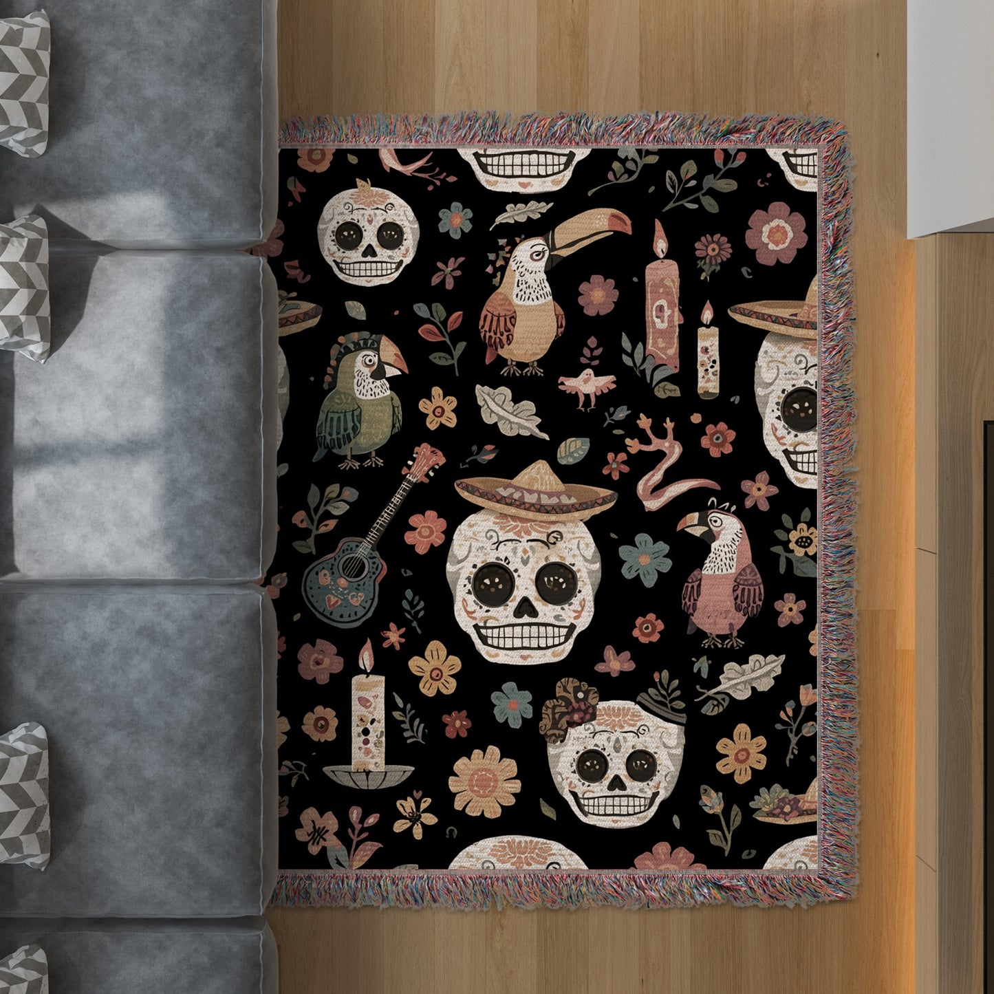 Colorful Floral Skull and Parrot Design Rug product