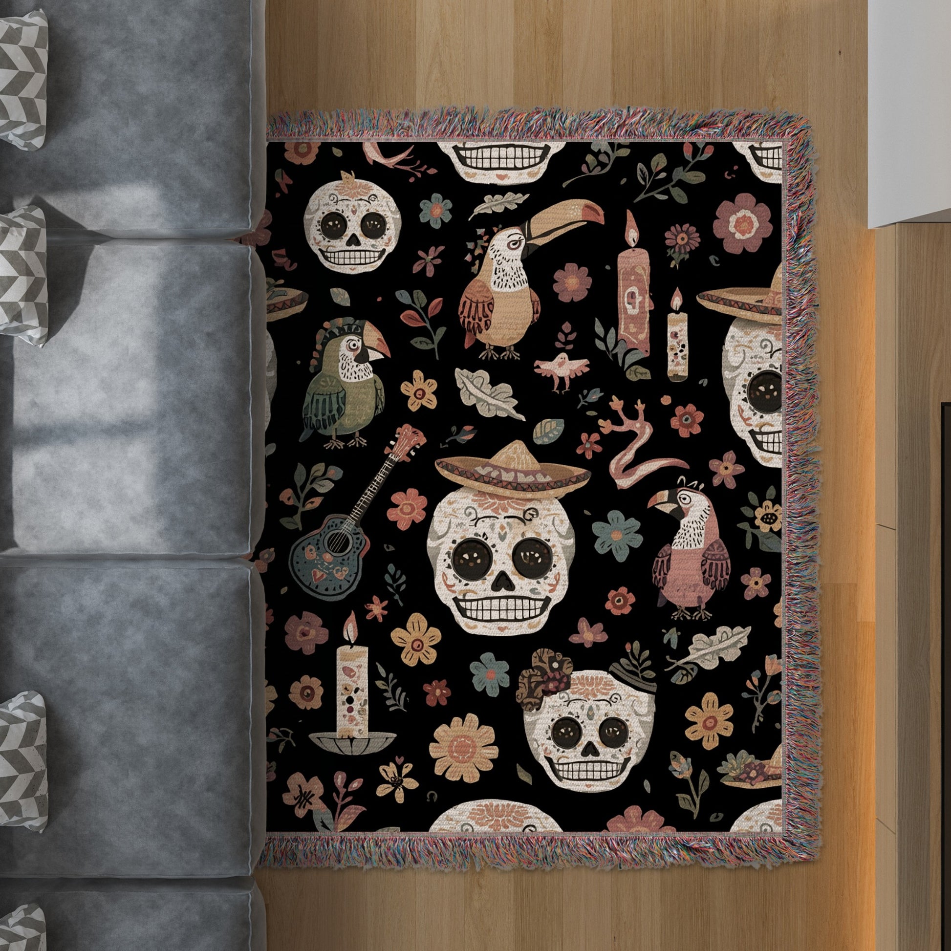 Colorful Floral Skull and Parrot Design Rug product