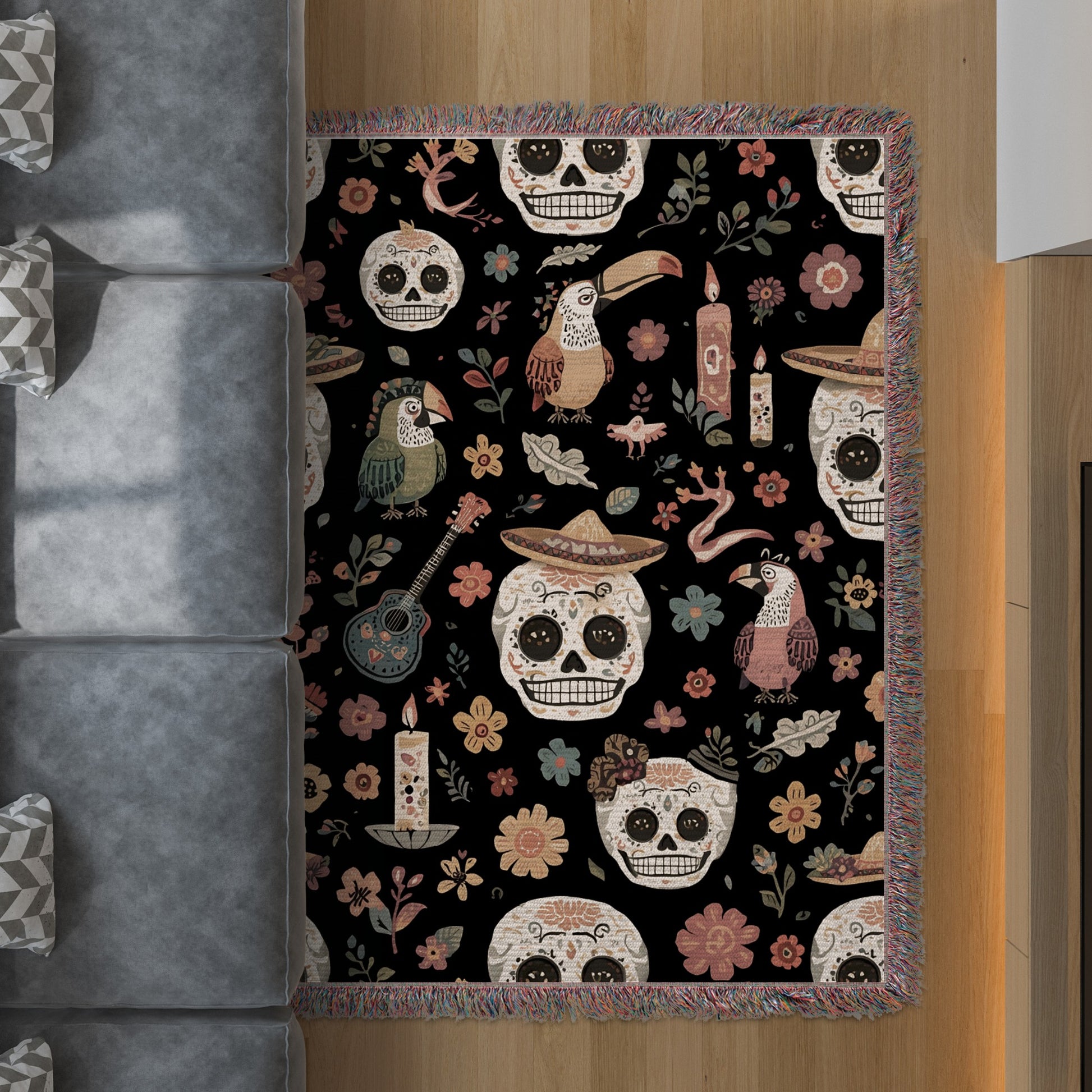 Colorful Skulls and Flowers Illustrated Rug product