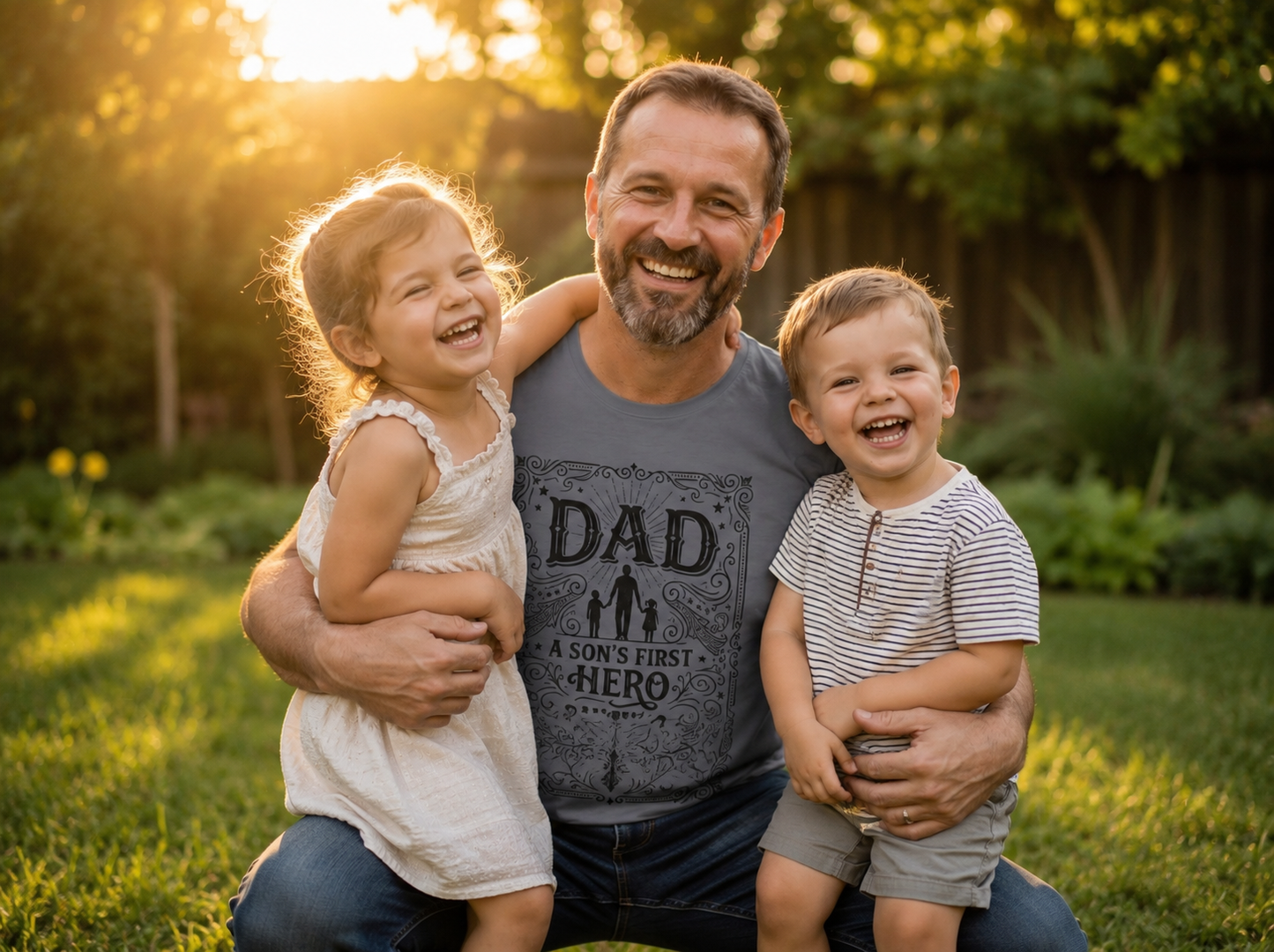 Dad wearing Dad's Legacy Hero and Love T-Shirt hugging his children in sunny backyard lifestyle image