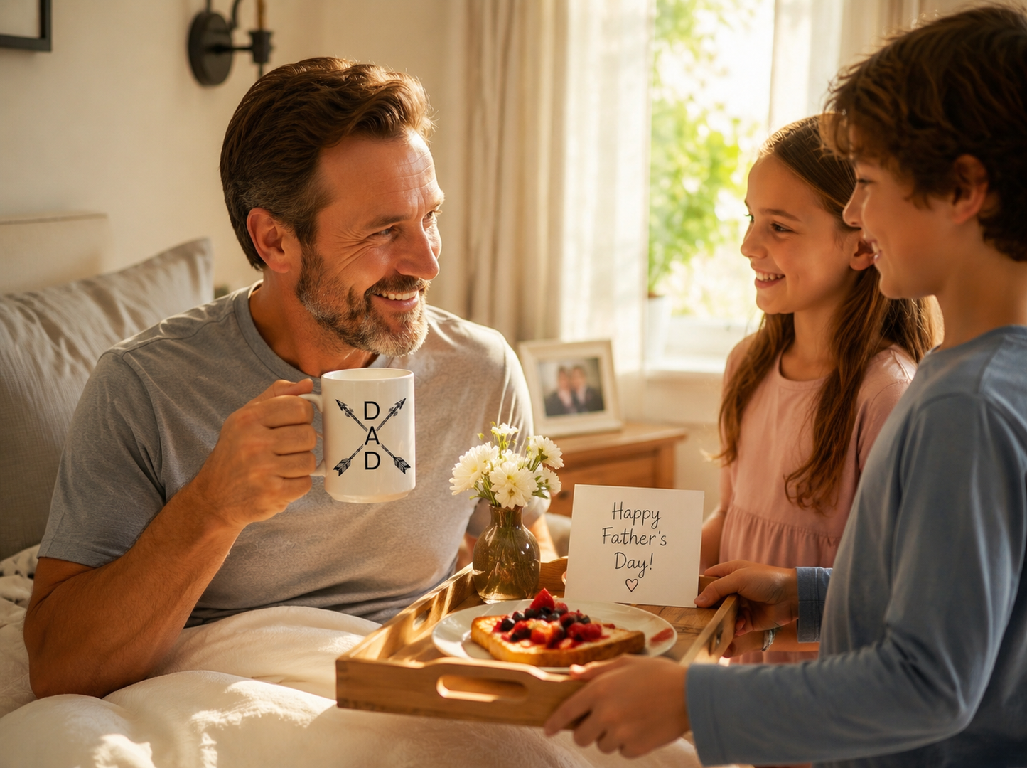 Dad holding DAD Tribal Arrow Coffee Mug at kitchen table on Father's Day morning lifestyle image
