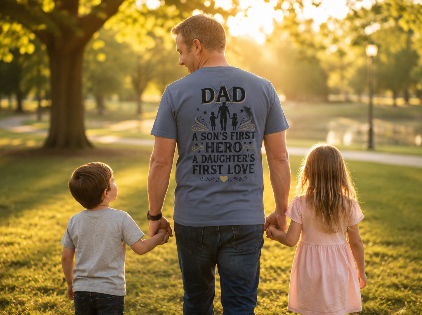 Dad wearing A Son's First Hero A Daughter's First Love Dad T-Shirt walking hand-in-hand with kids at park lifestyle image