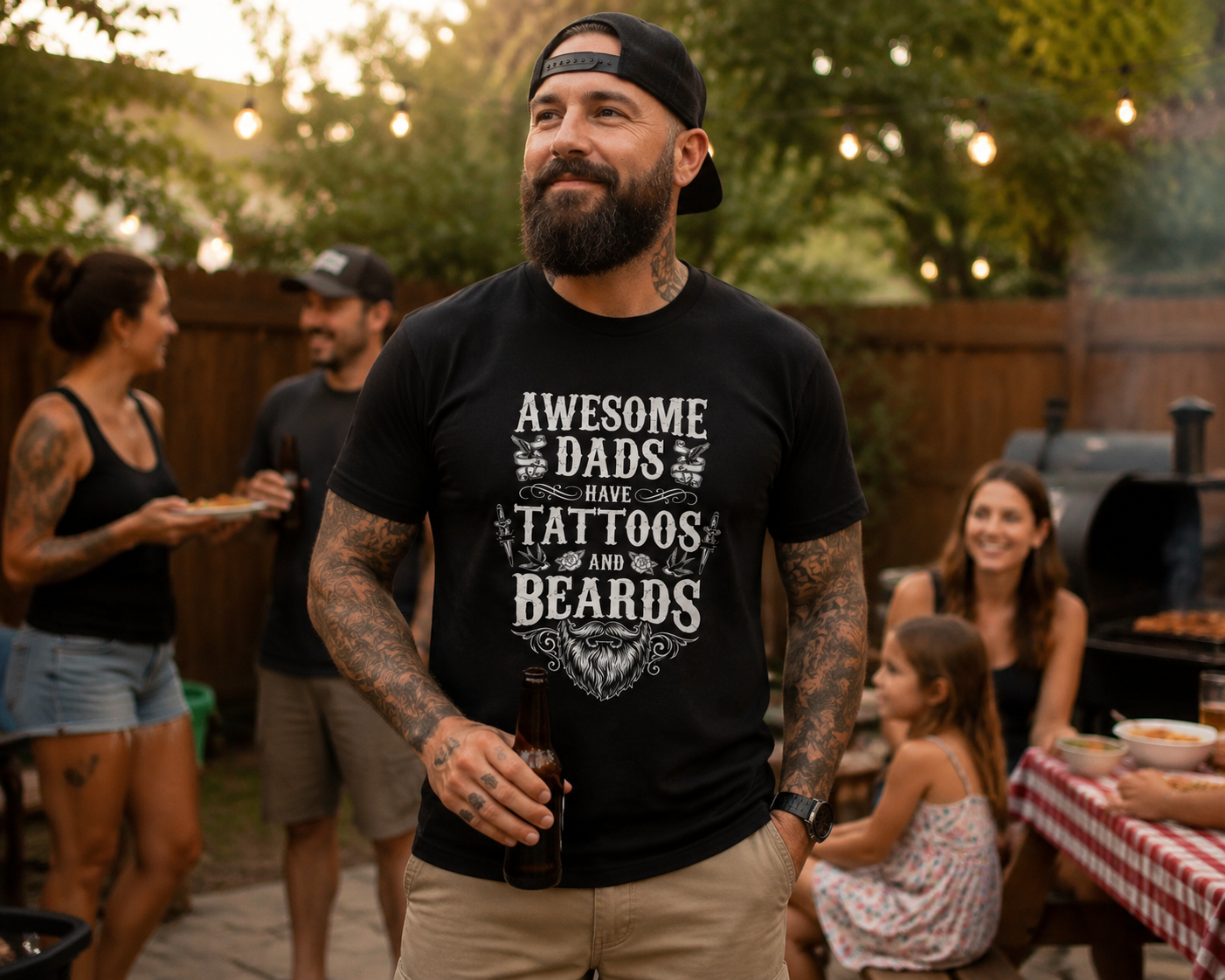 Tattooed bearded dad wearing Heritage Dad Tattoo and Beard Graphic Tee at backyard cookout lifestyle image