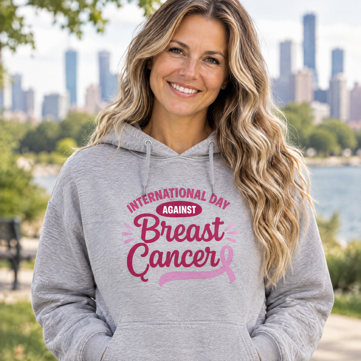 Woman wearing the International Day Against Breast Cancer breast cancer awareness hoodie