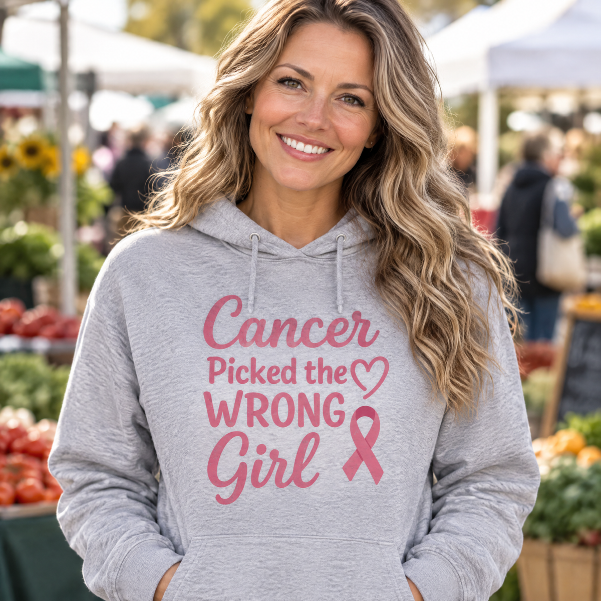Woman wearing the Cancer Picked the Wrong Girl breast cancer awareness hoodie