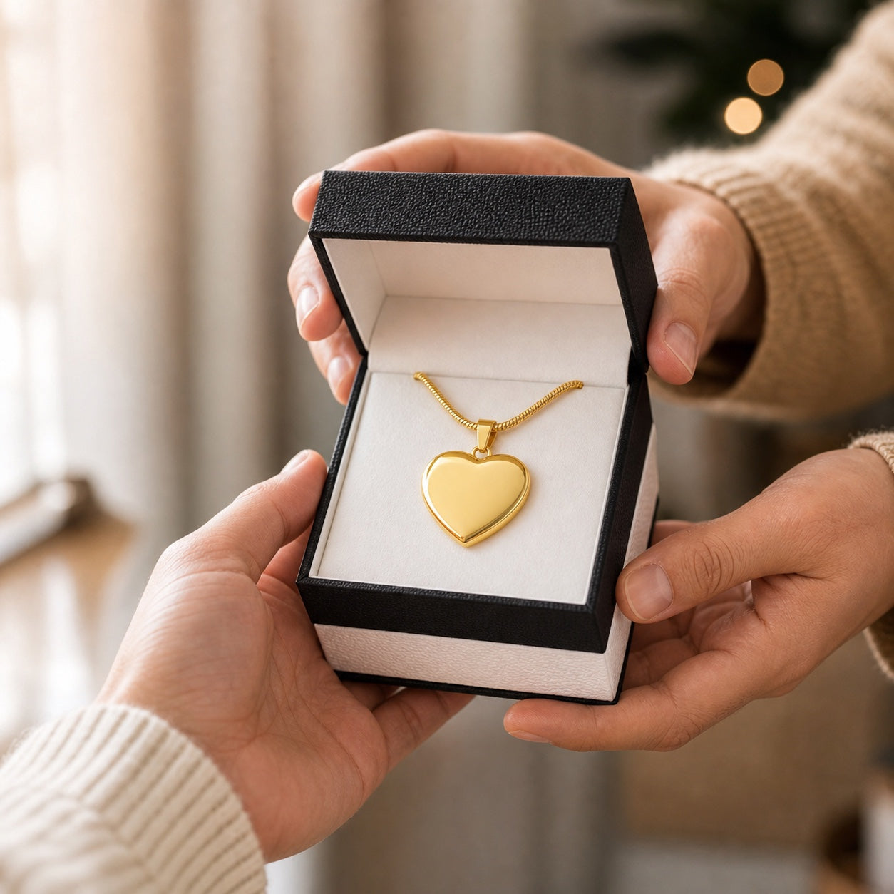 Someone giving a gold heart pendant necklace in an open jewelry gift box