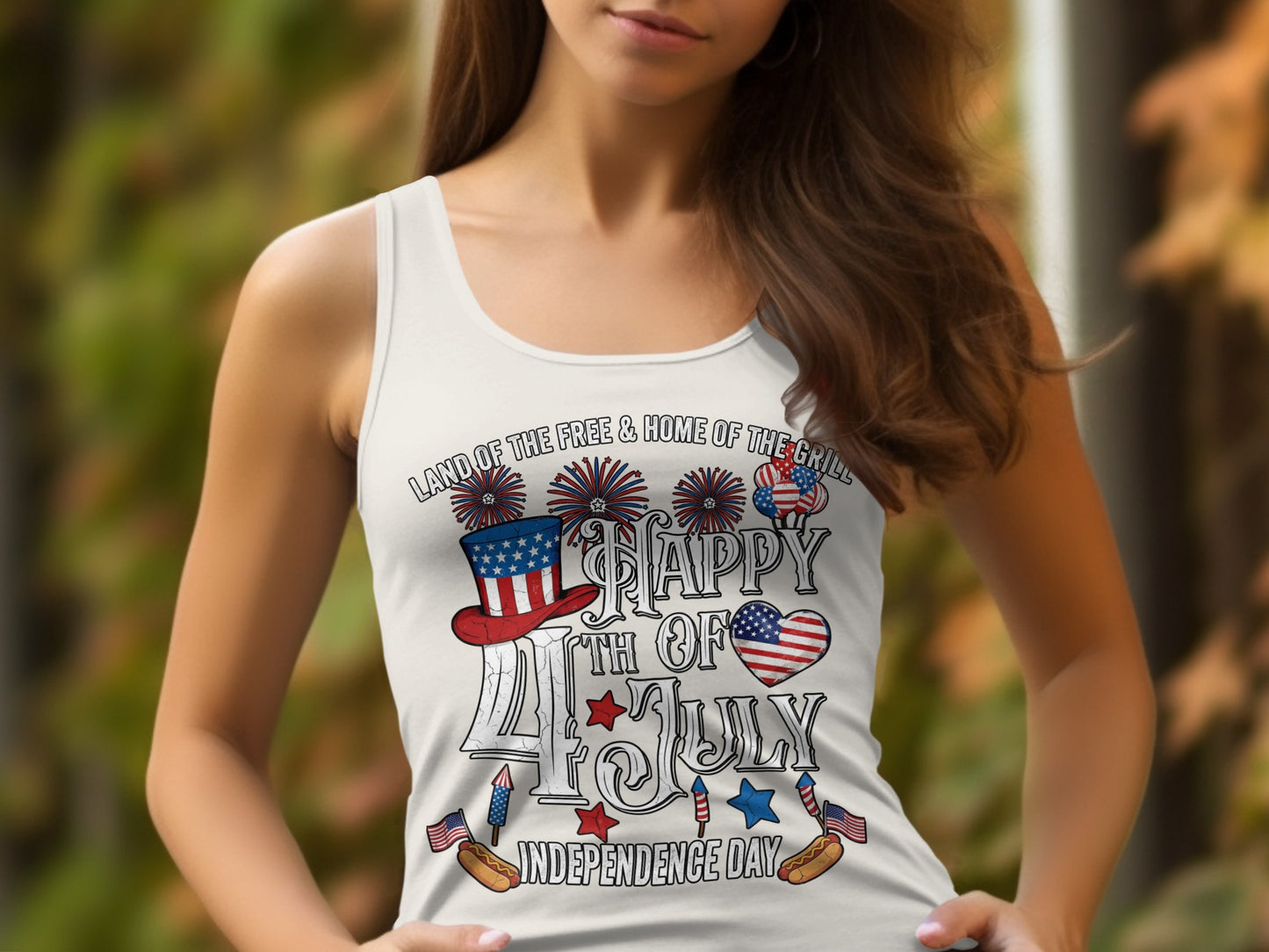 White tank top with "Happy 4th of July Independence Day" graphic and fireworks.