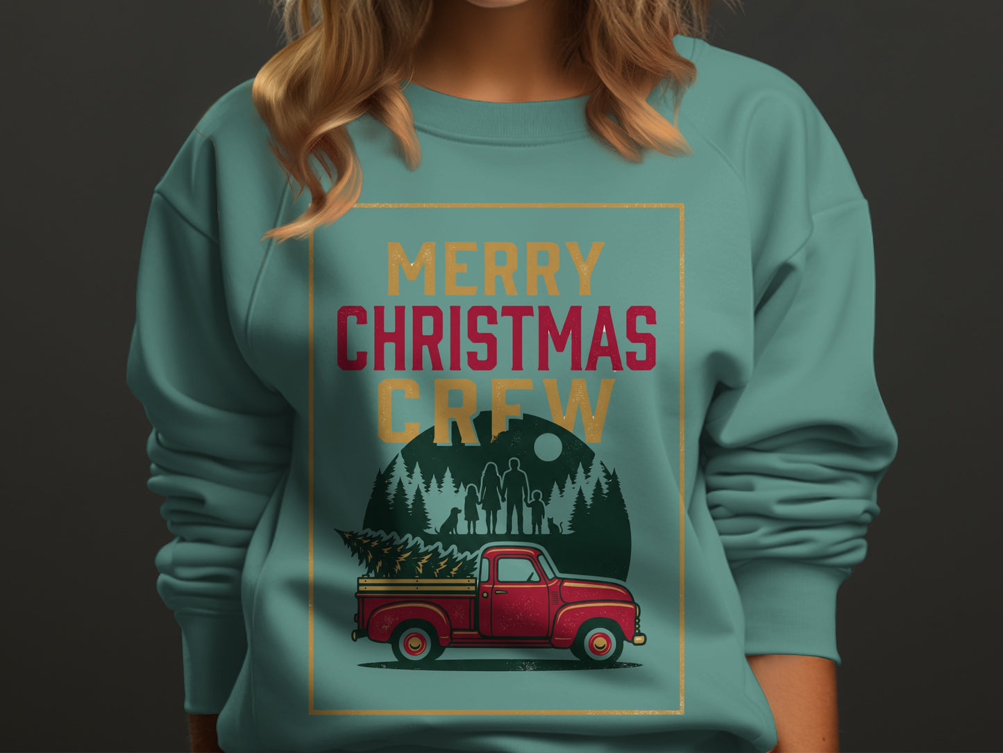 Teal sweatshirt with "Merry Christmas Crew" text and vintage truck with Christmas tree.