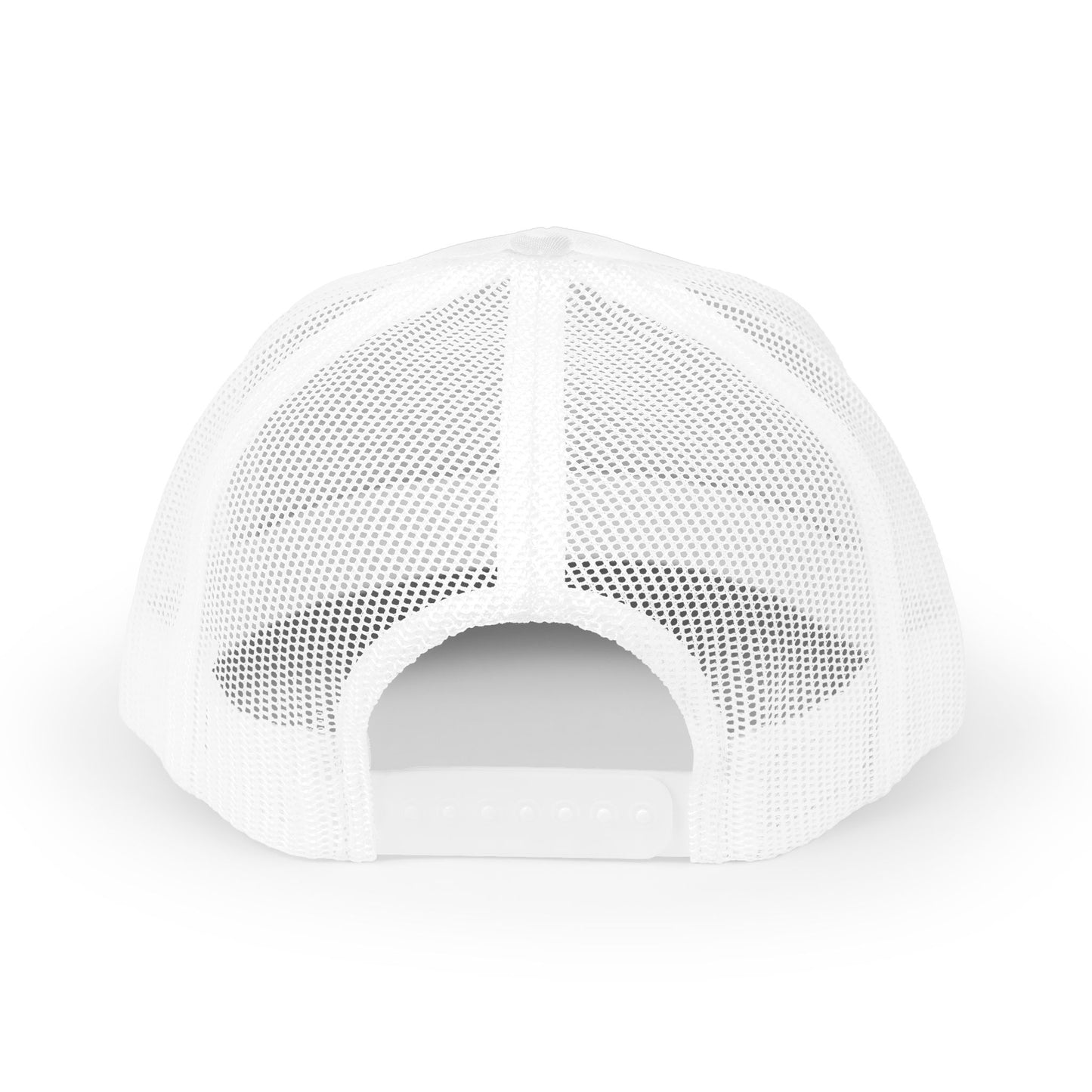 Back view of a white mesh trucker cap with a snapback closure.