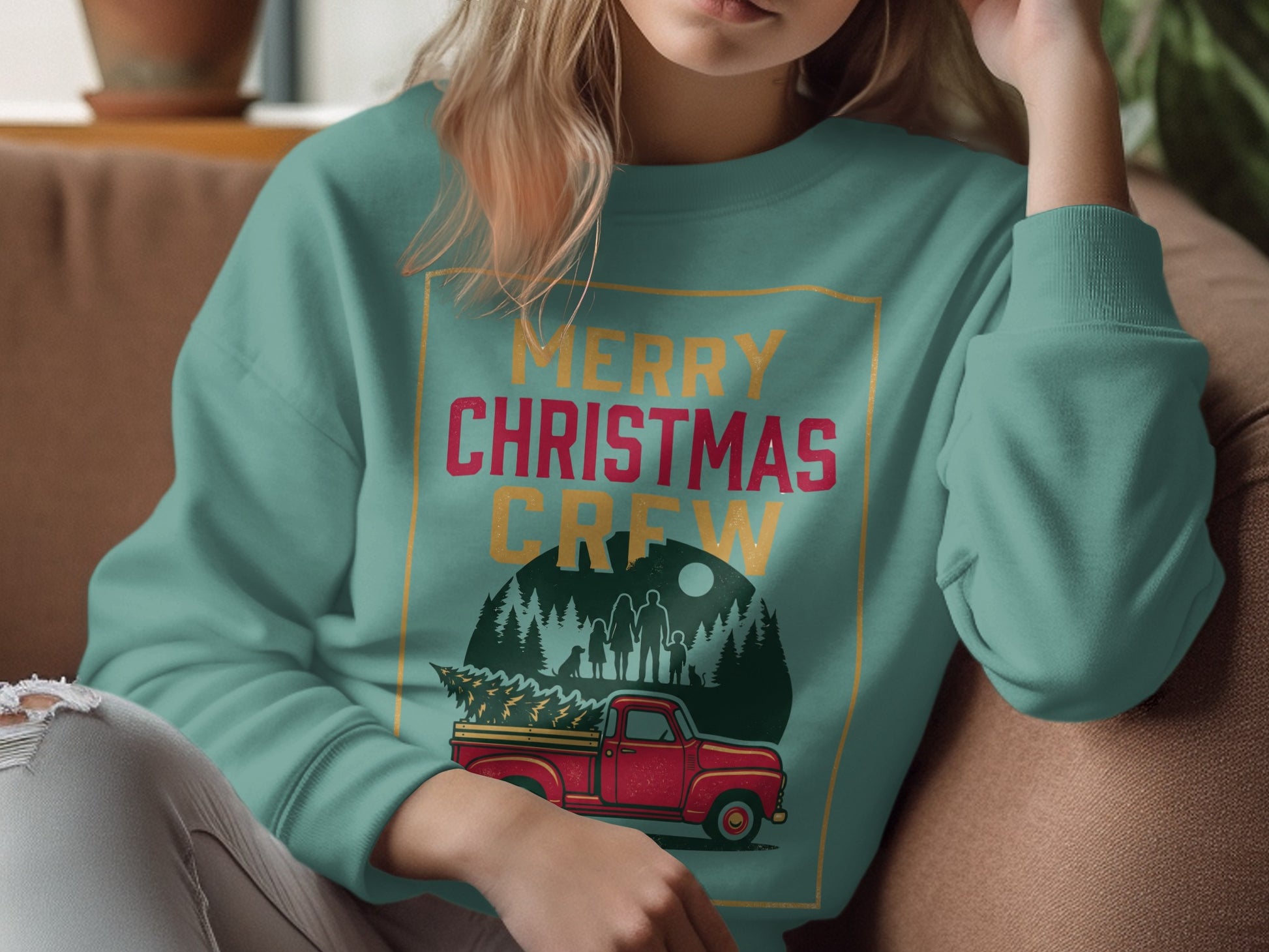 Merry Christmas Crew text with family, pets, and truck graphic on teal sweatshirt.