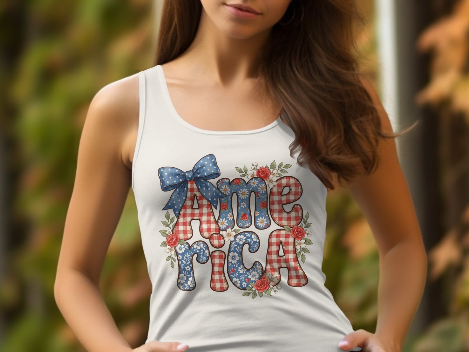 White tank top with a retro-style "America" graphic featuring patriotic patterns.