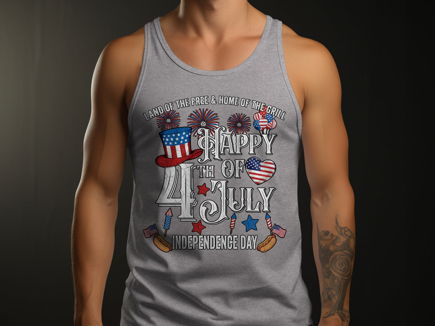 Grey tank top with "Happy 4th of July Independence Day" graphic and American flag motifs.