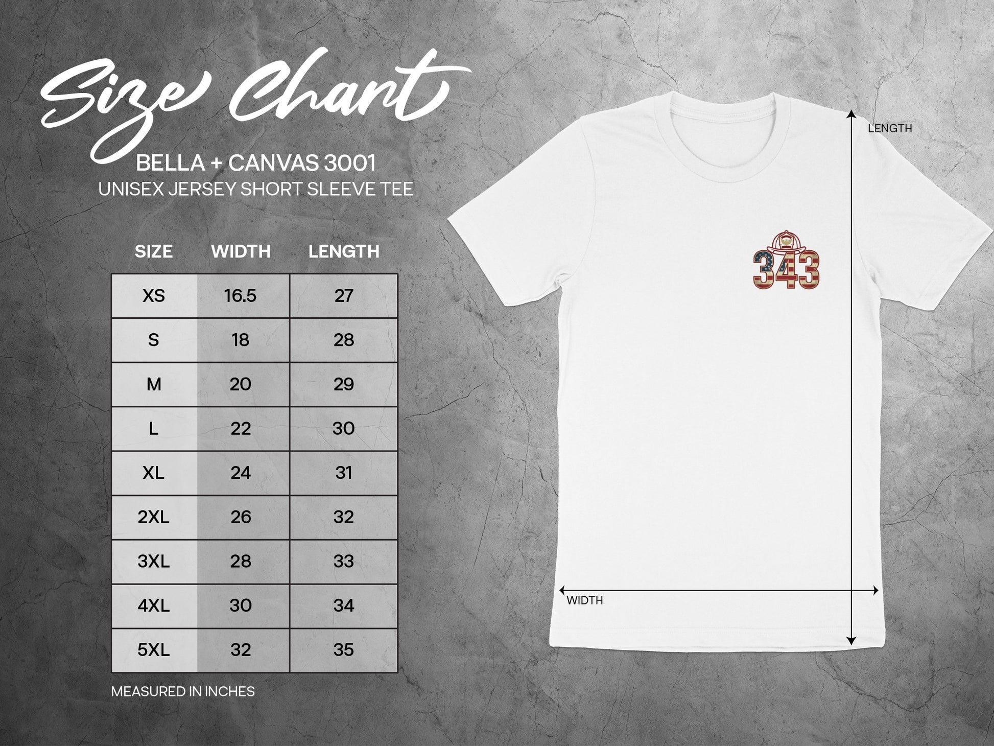Bella + Canvas 3001 unisex tee size chart with width and length measurements in inches.