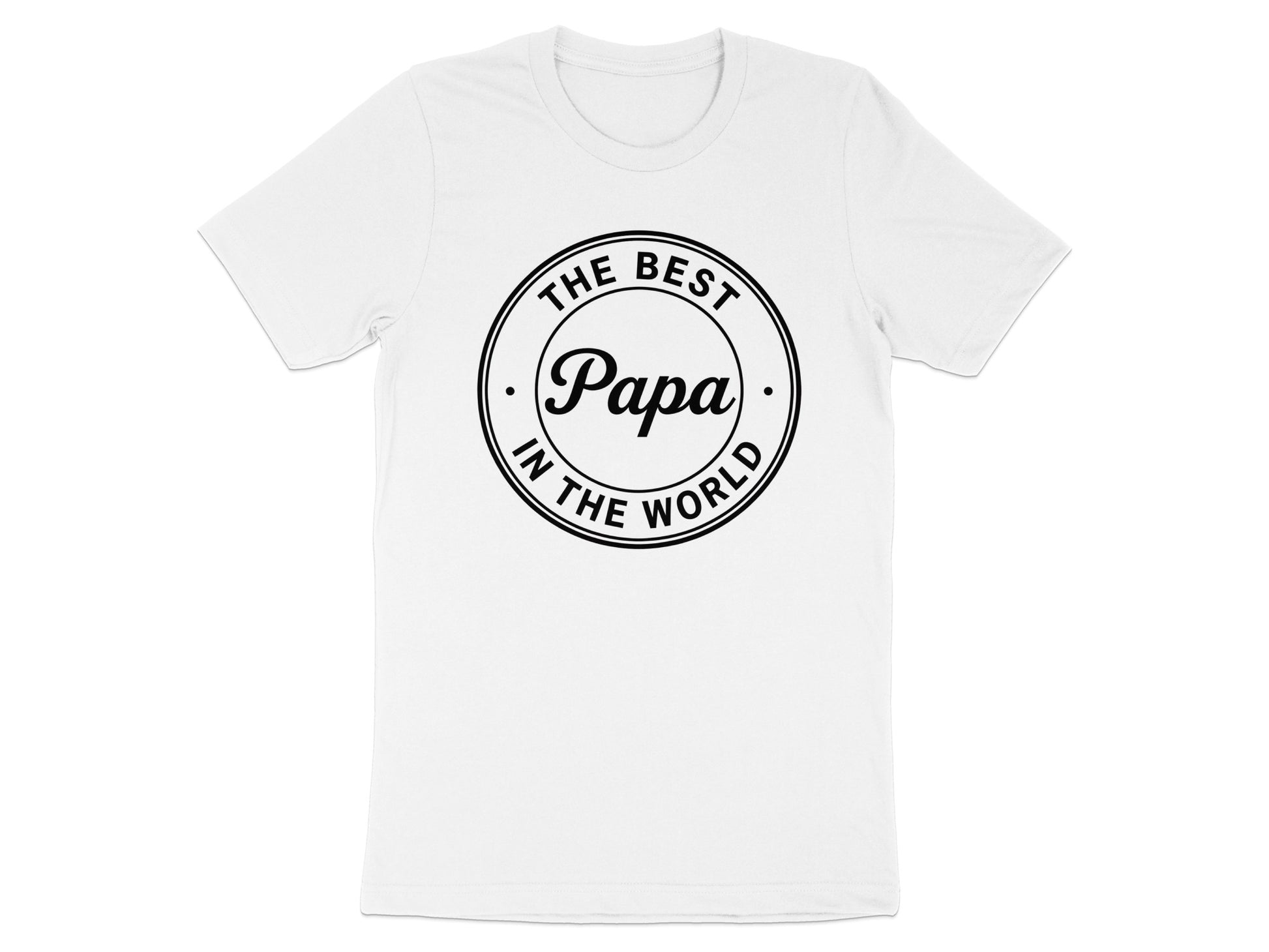White t-shirt with "The Best Papa In The World" text in a circle.