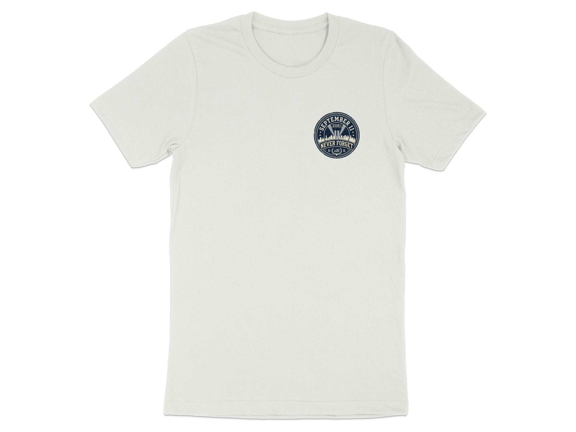 White t-shirt with 9/11 memorial logo featuring buildings and "Never Forget."