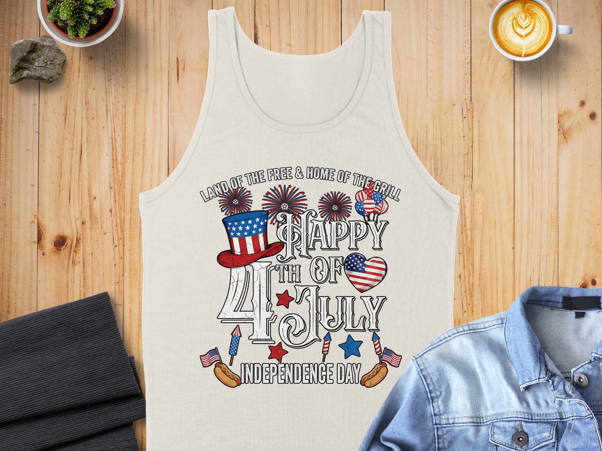 Tank top with "Happy 4th of July Independence Day" text and patriotic graphics.