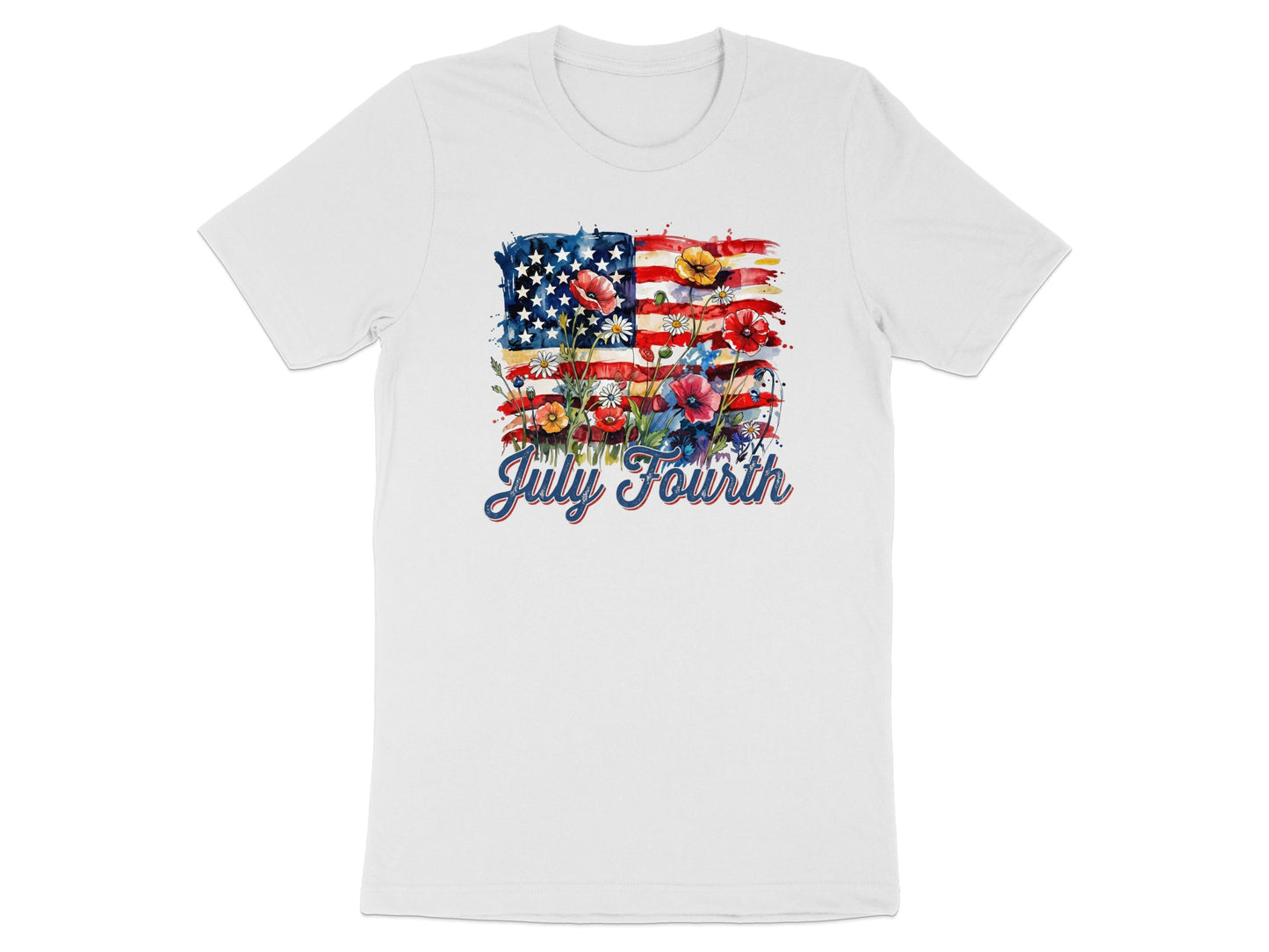 White t-shirt with July Fourth text and watercolor American flag with flowers.