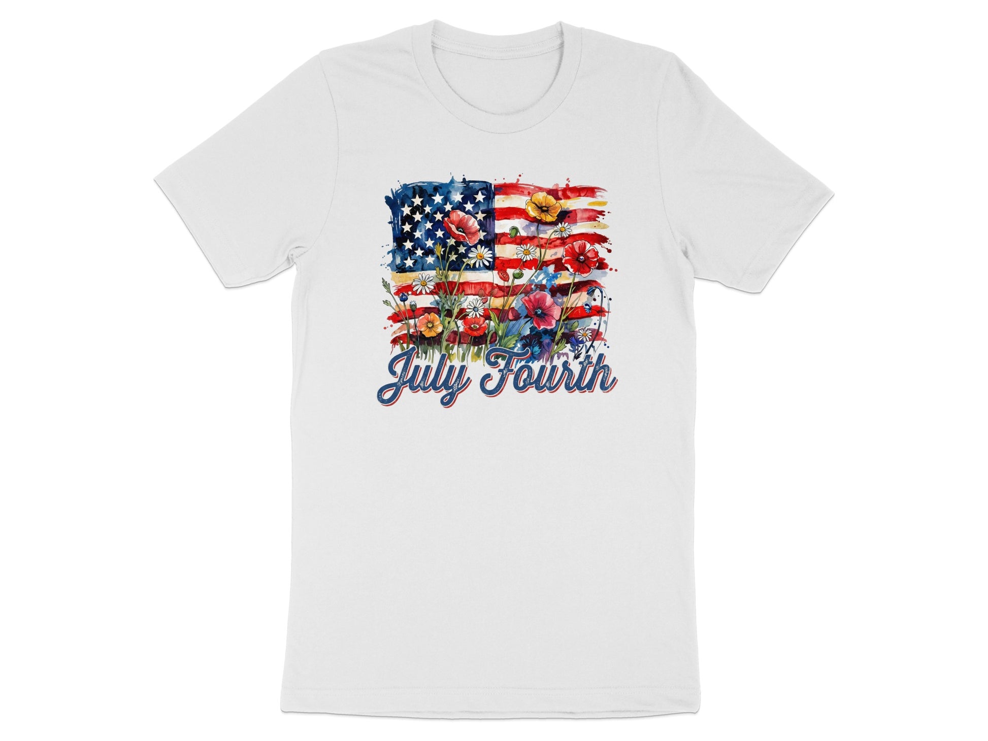 White t-shirt with July Fourth text and watercolor American flag with flowers.