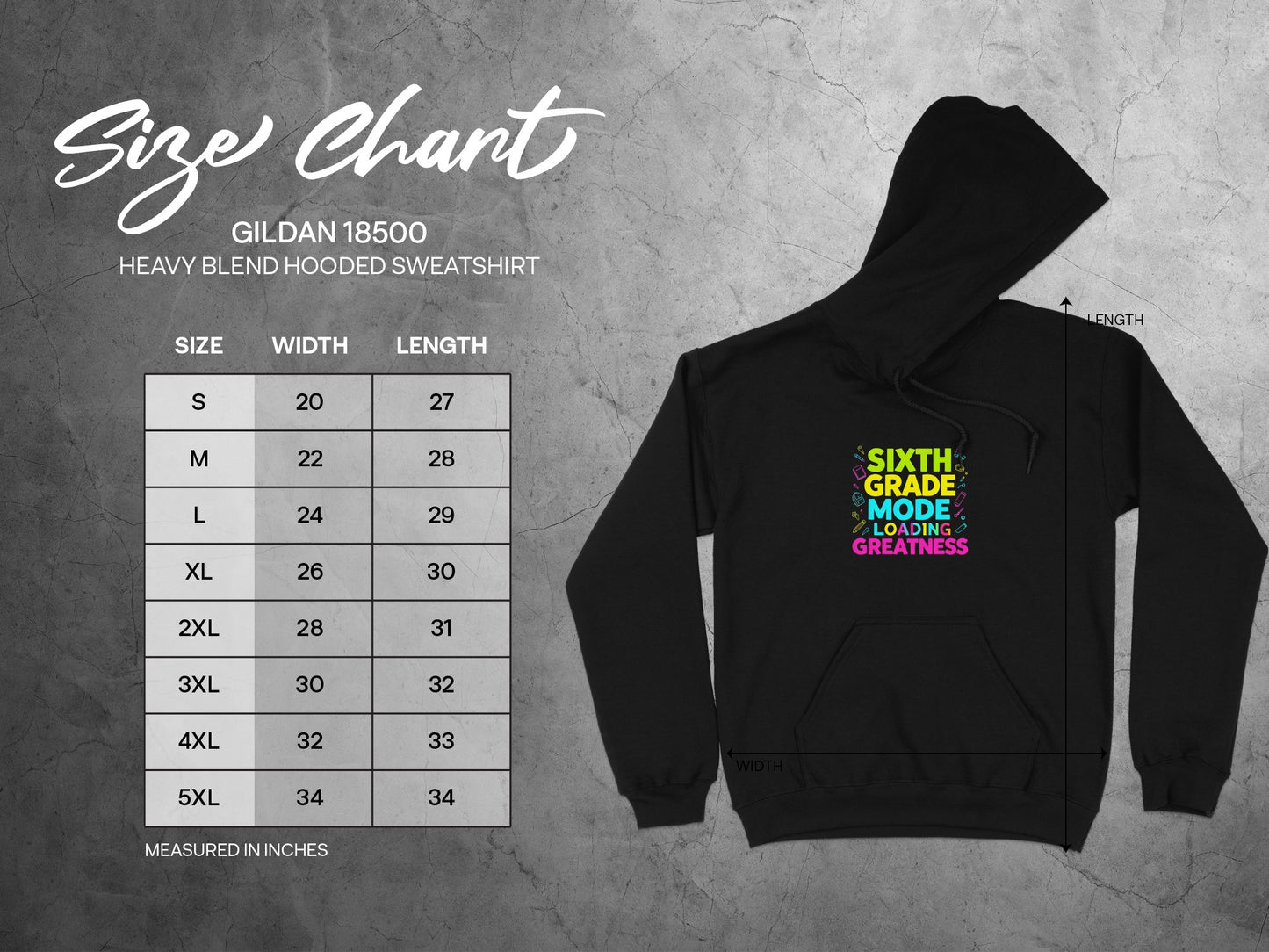 Gildan 18500 hooded sweatshirt size chart with width and length measurements in inches.