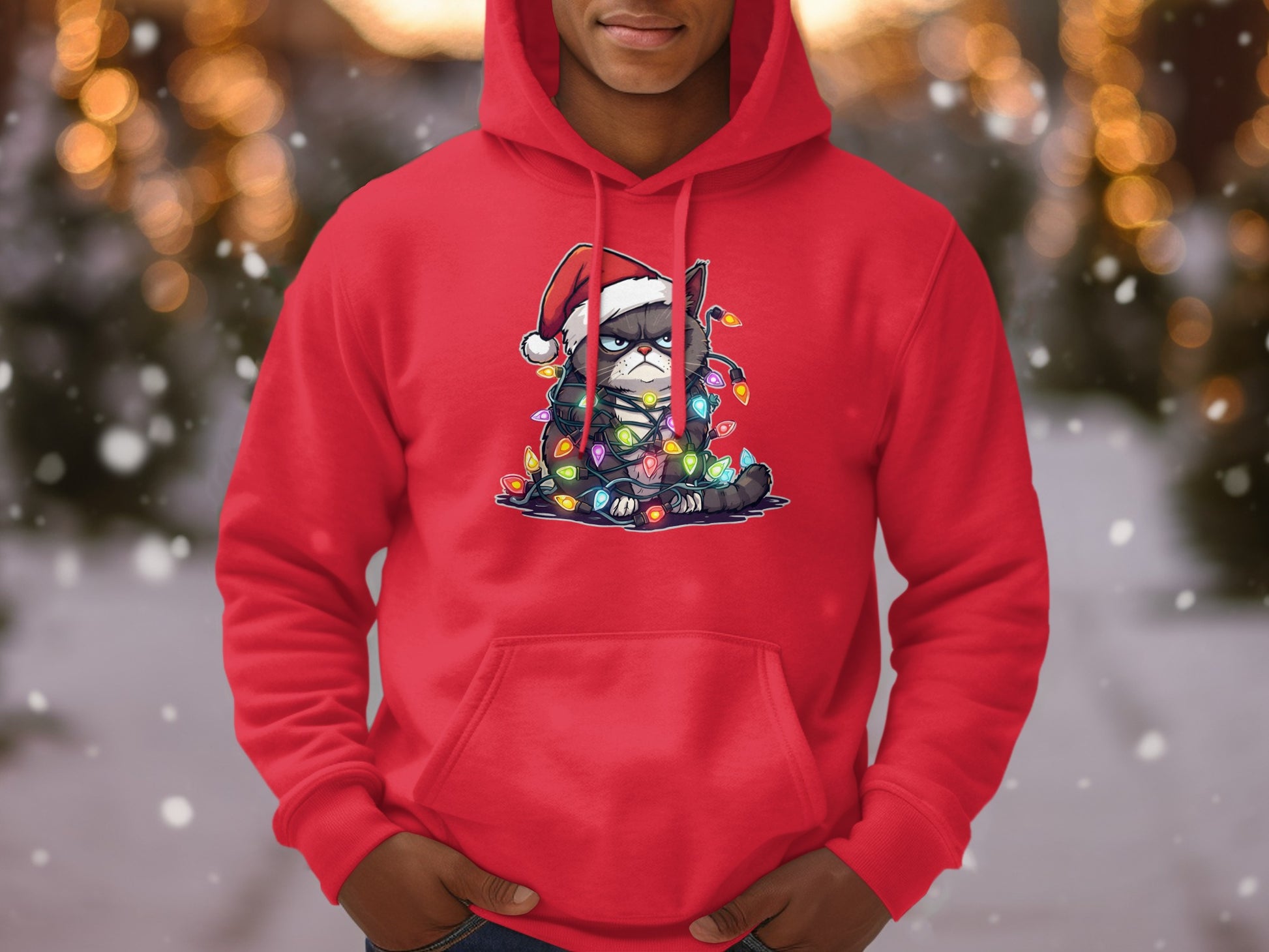 Festive Grumpy Cat Hoodie Christmas Lights Holiday