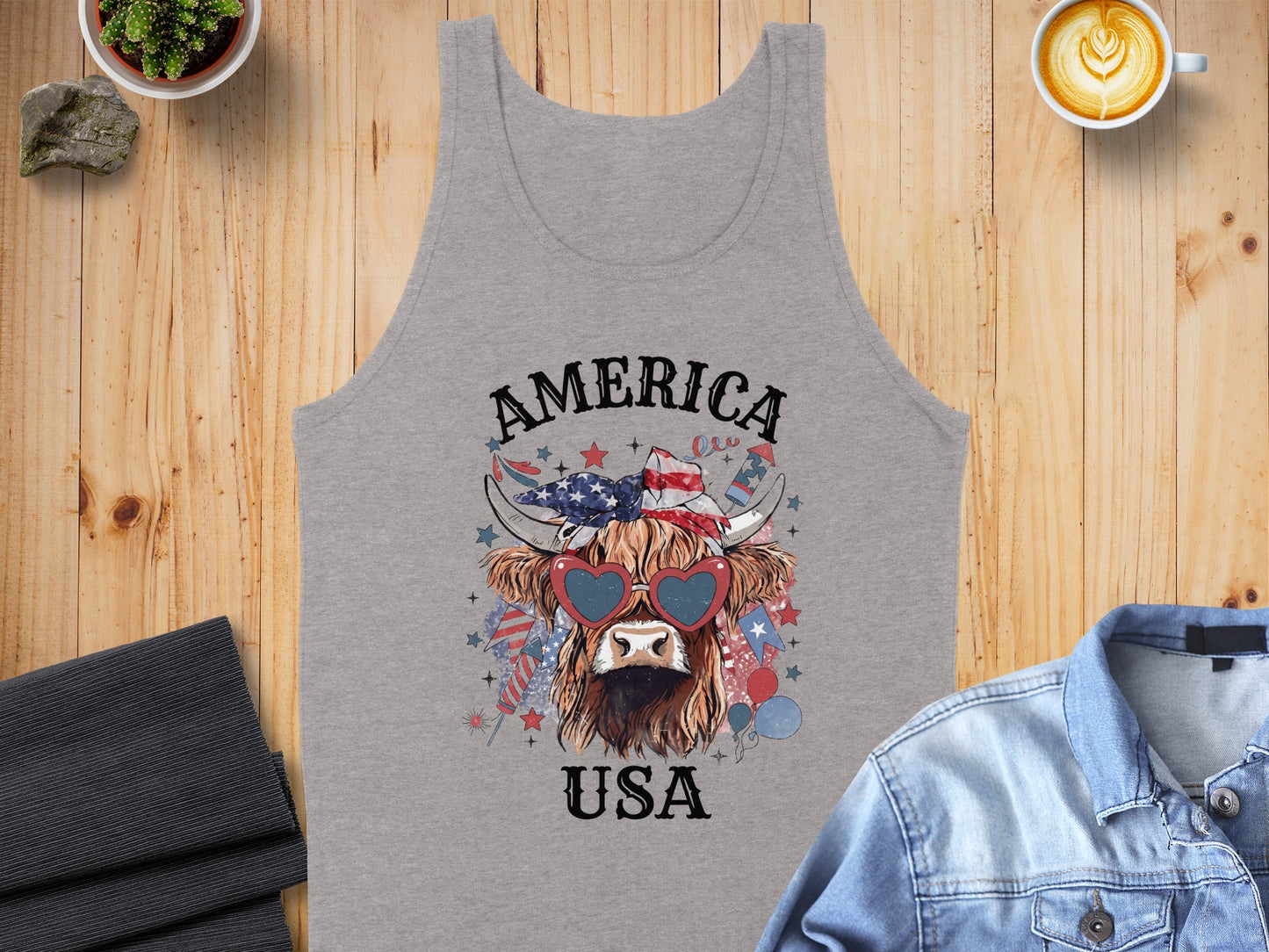 Grey tank top with a Highland cow graphic, heart sunglasses, and "AMERICA USA" text.