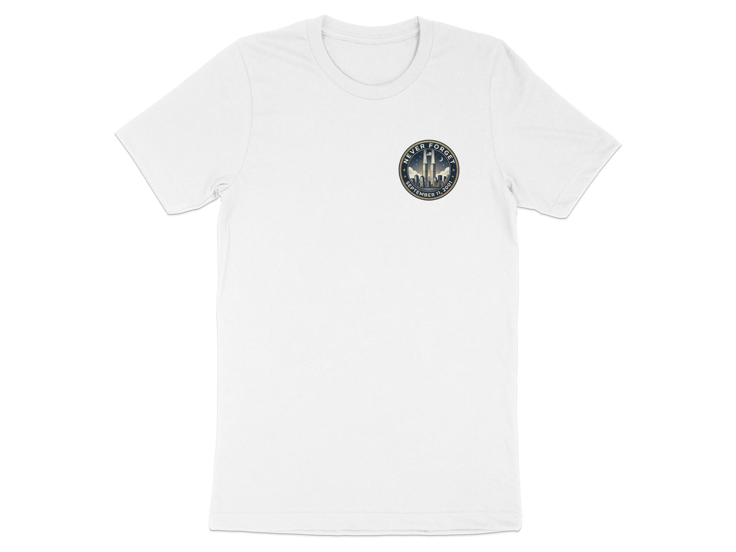 White t-shirt with a circular graphic featuring the World Trade Center and the text "Never Forget September 11, 2001".