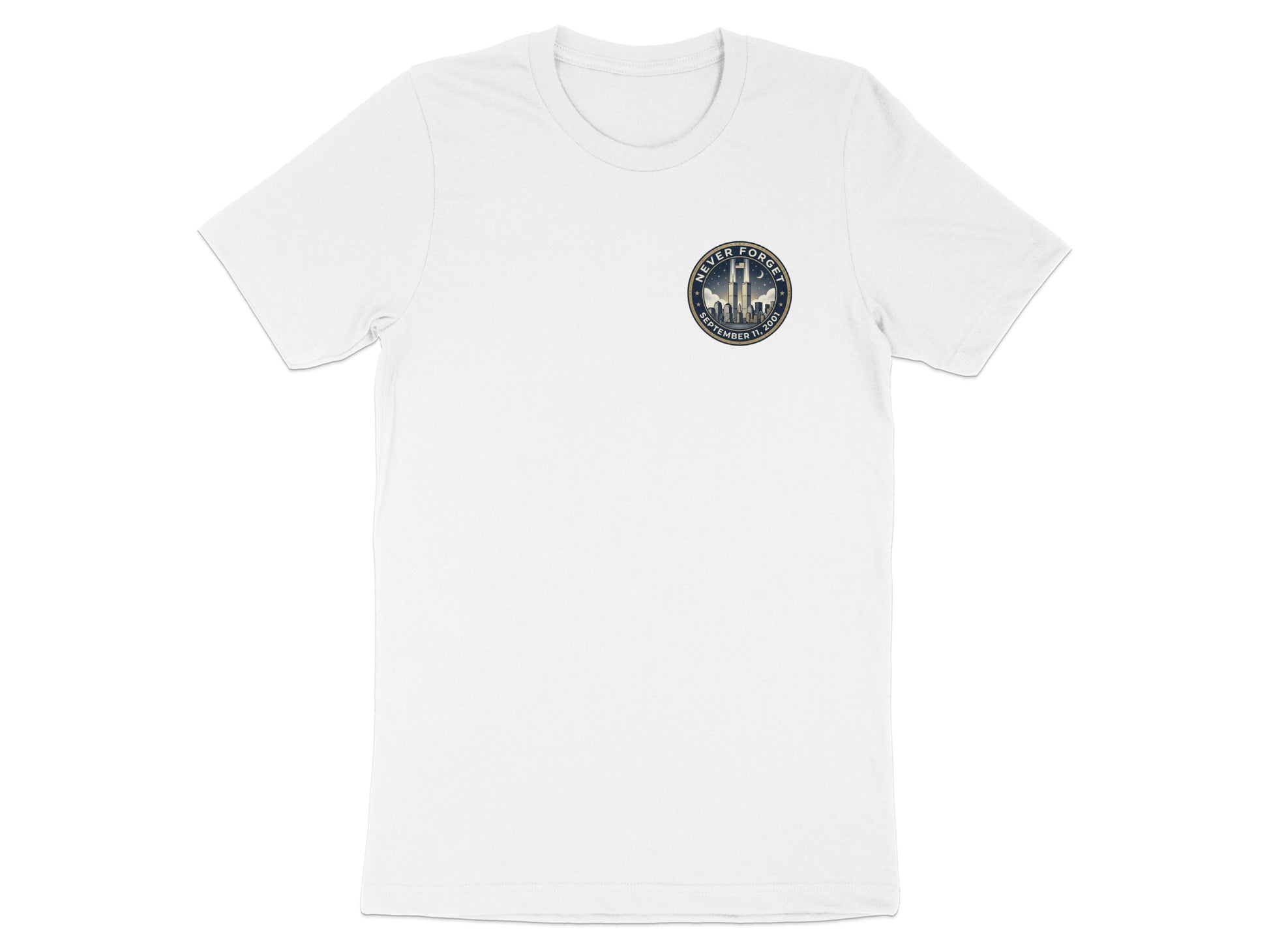 White t-shirt with a circular graphic featuring the World Trade Center and the text "Never Forget September 11, 2001".