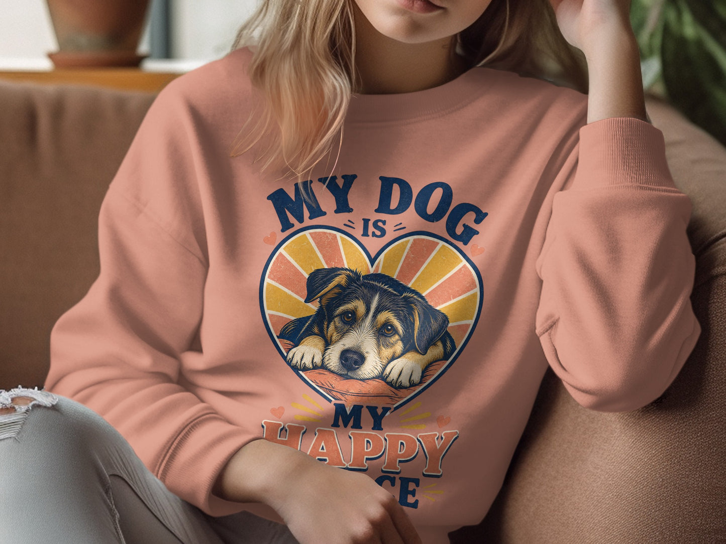 Peach sweatshirt with "My Dog Is My Happy Place" and dog graphic.