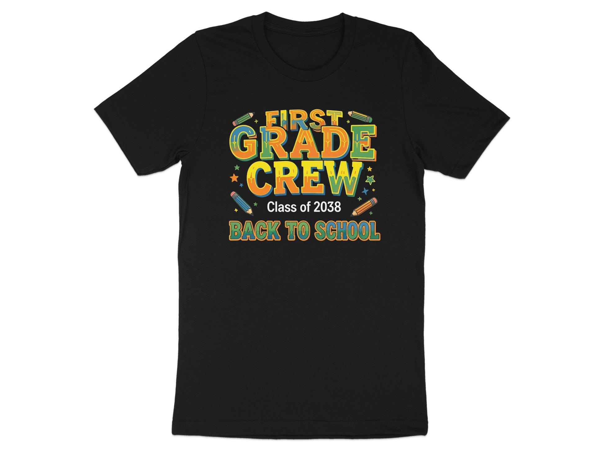 Black T-shirt with "First Grade Crew Class of 2038 Back to School" graphic.