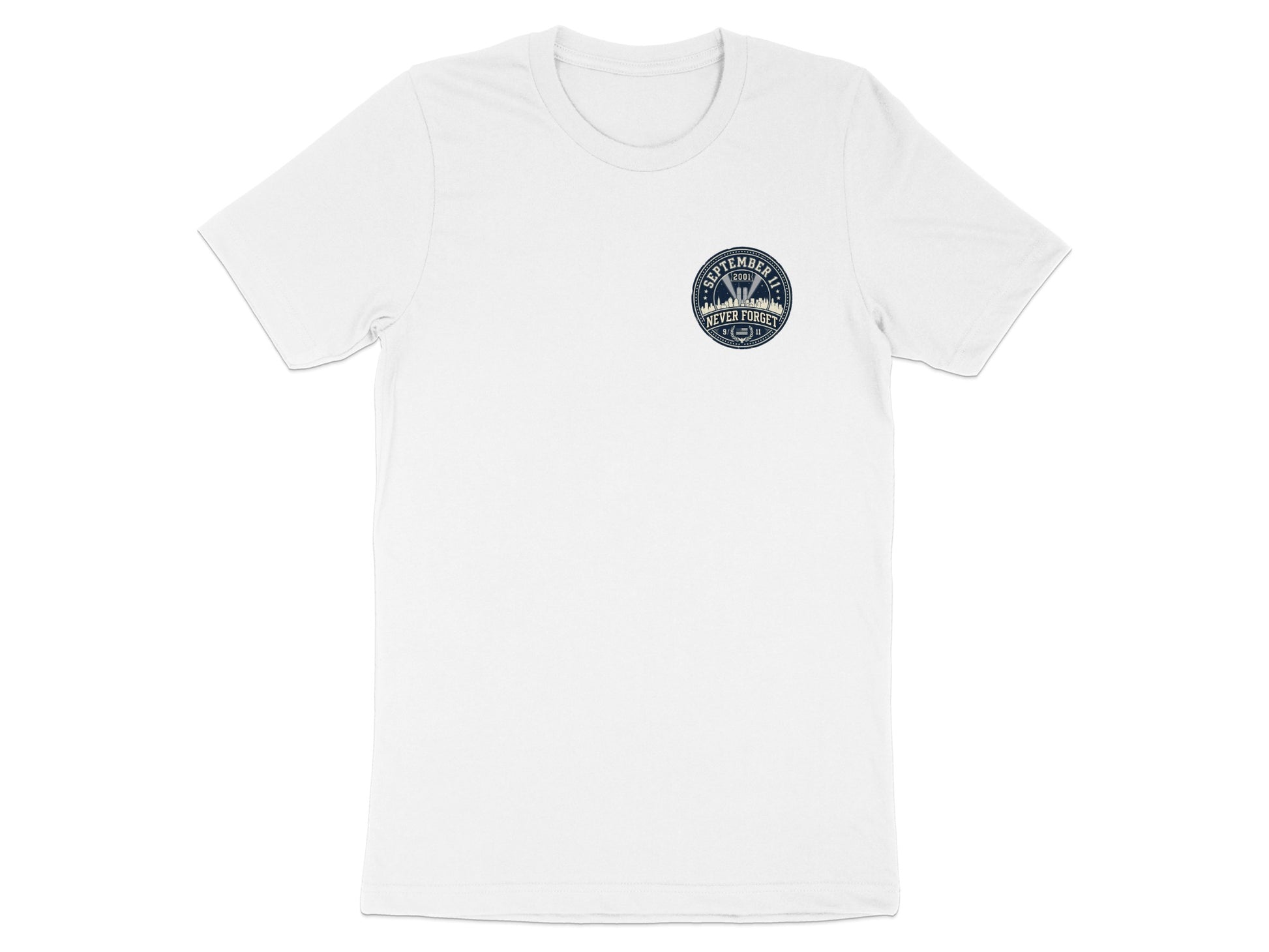 White t-shirt with September 11, 2001, never forget emblem.