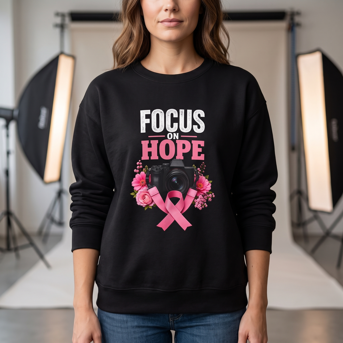 Photographer wearing the Focus on Hope breast cancer awareness crewneck sweatshirt in a studio