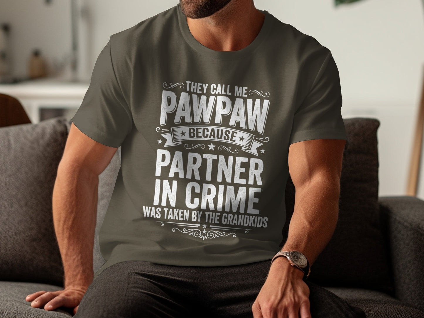 Dark t-shirt with "Pawpaw Partner in Crime" text and a star design.