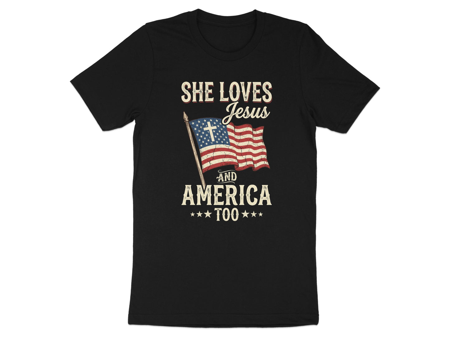 Black t-shirt with "She Loves Jesus and America Too" and American flag graphic.