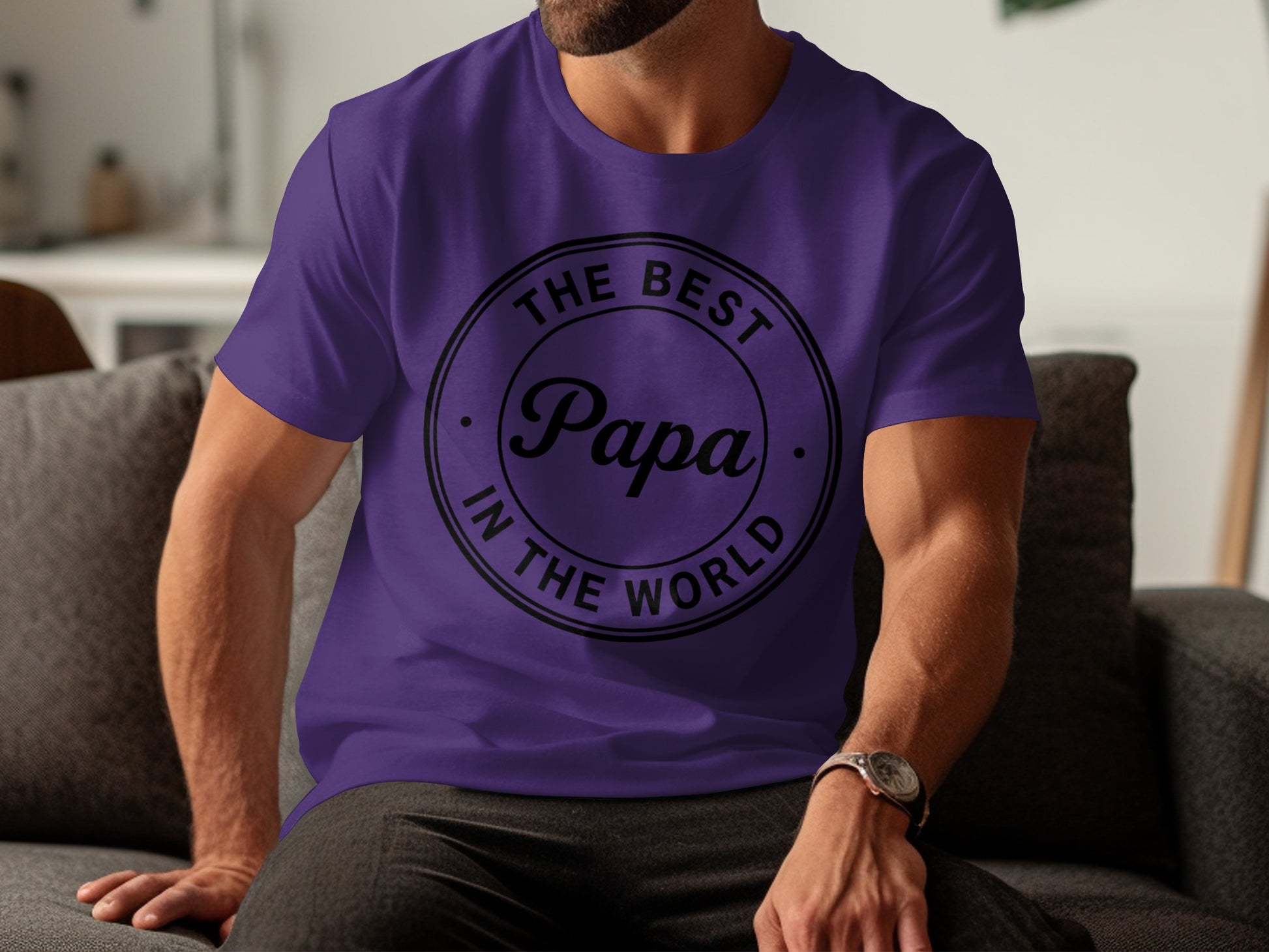 Purple t-shirt with "The Best Papa in the World" text in a circular design.