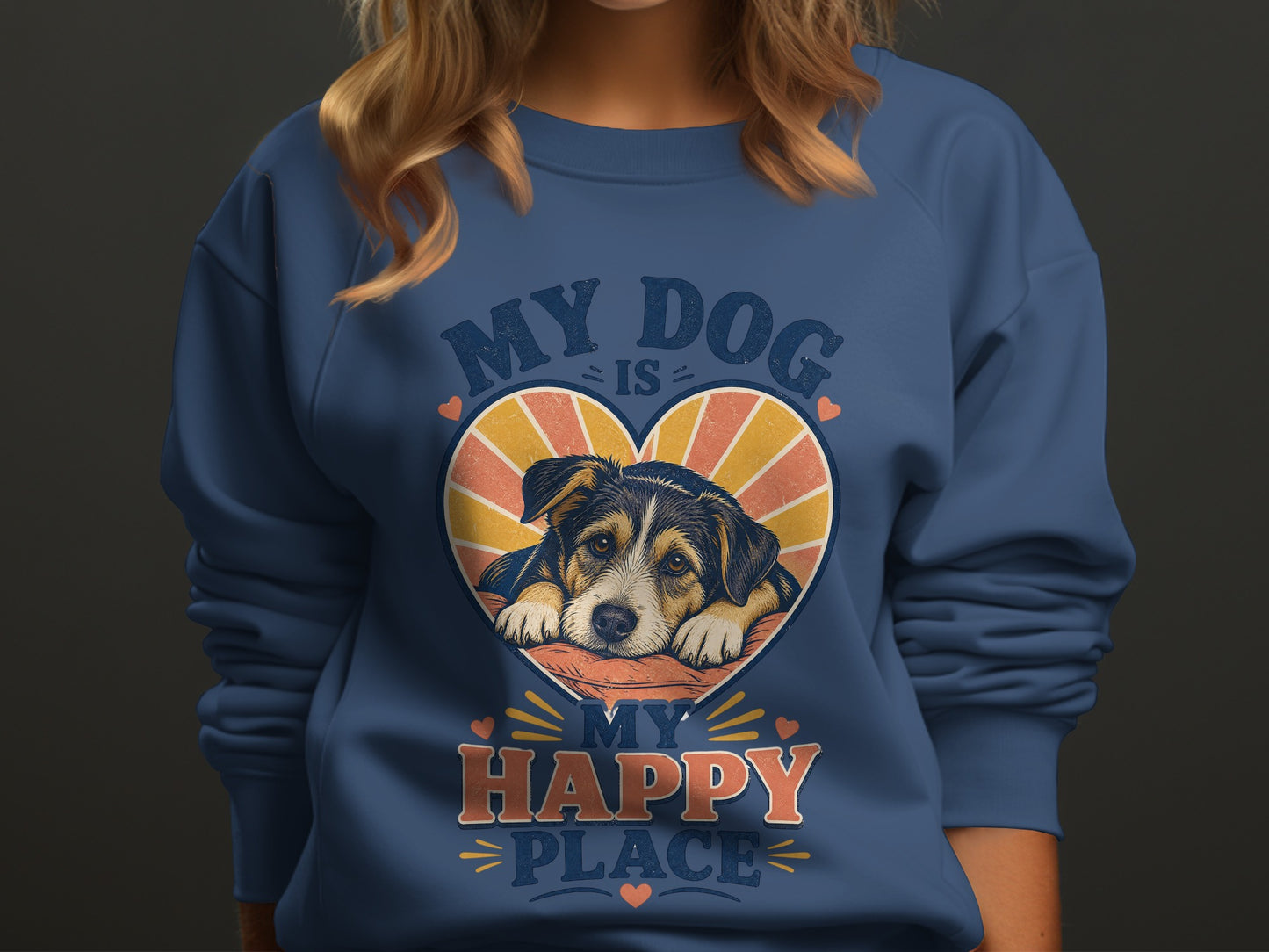 Blue sweatshirt with "My Dog Is My Happy Place" text and dog in heart graphic.