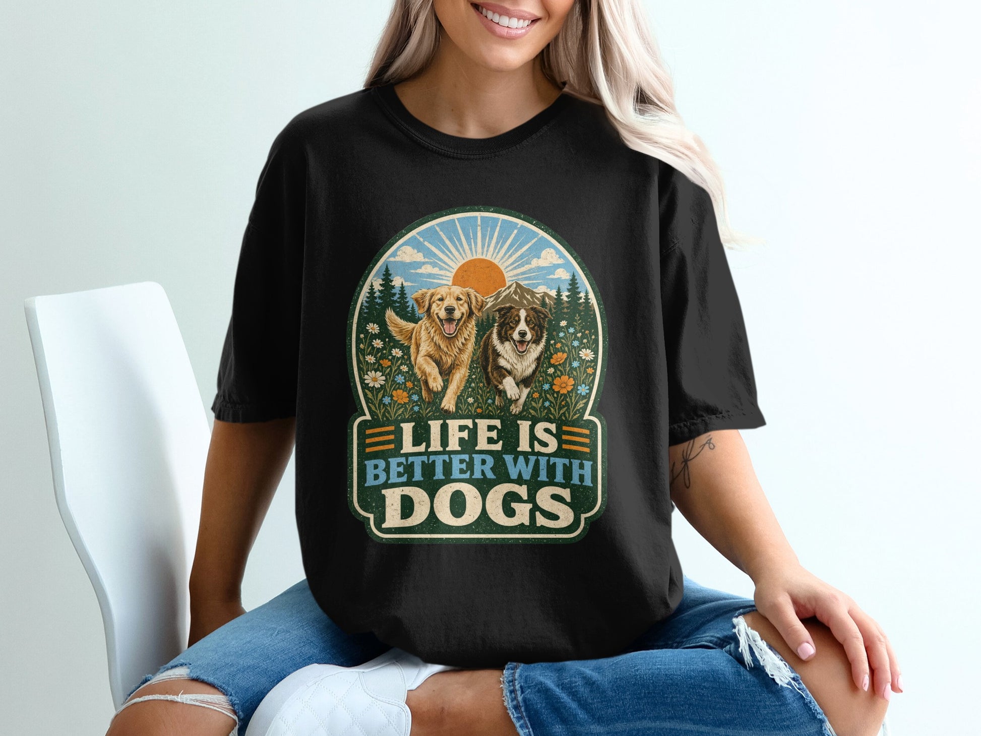 Black t-shirt with two dogs, mountains, and text "LIFE IS BETTER WITH DOGS".