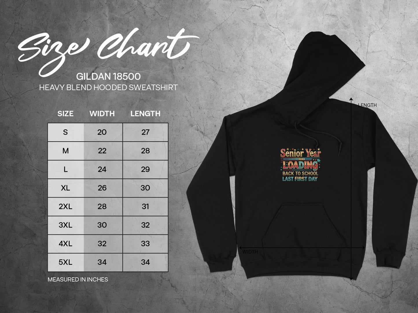 Gildan 18500 Heavy Blend hoodie size chart with width and length measurements.