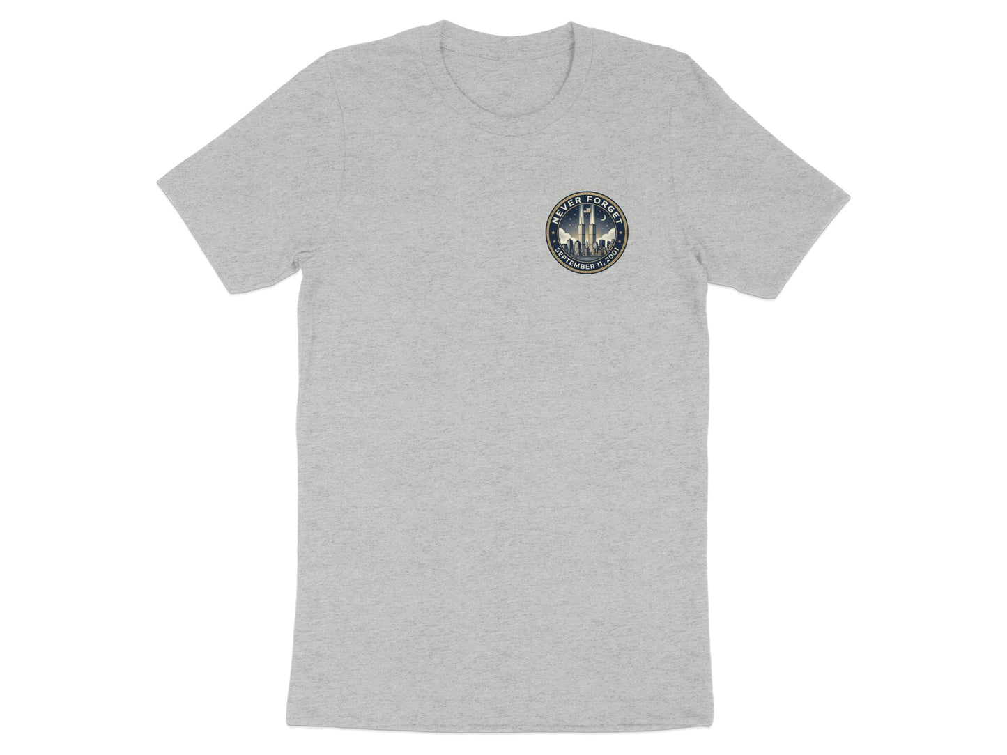 Grey t-shirt with "Never Forget September 11, 2001" badge featuring skyline.