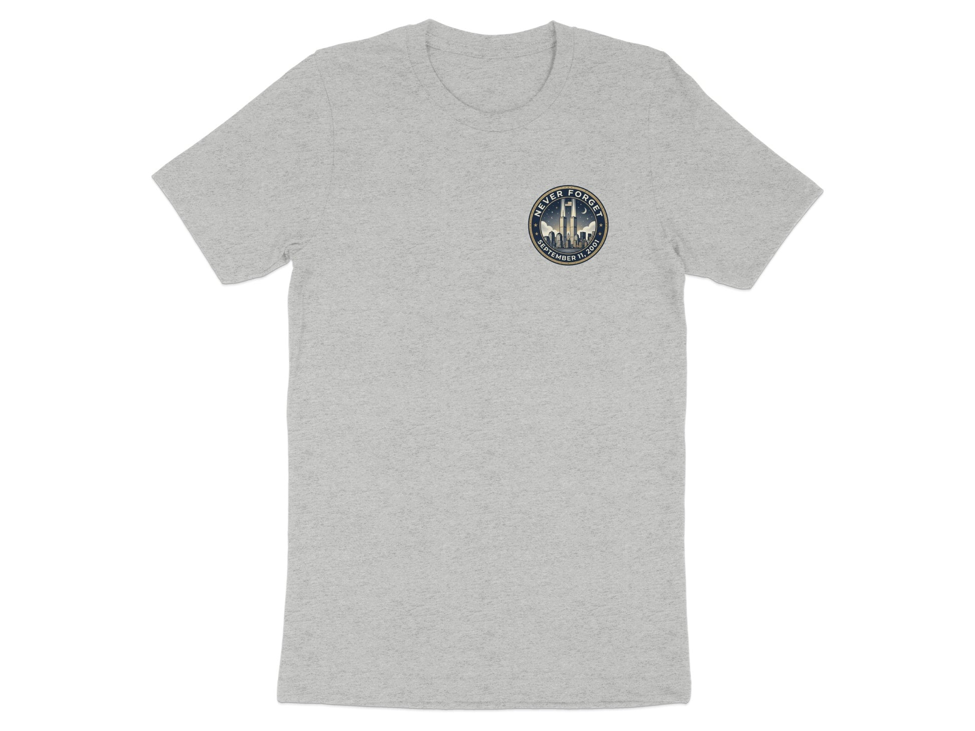 Grey t-shirt with "Never Forget September 11, 2001" badge featuring skyline.