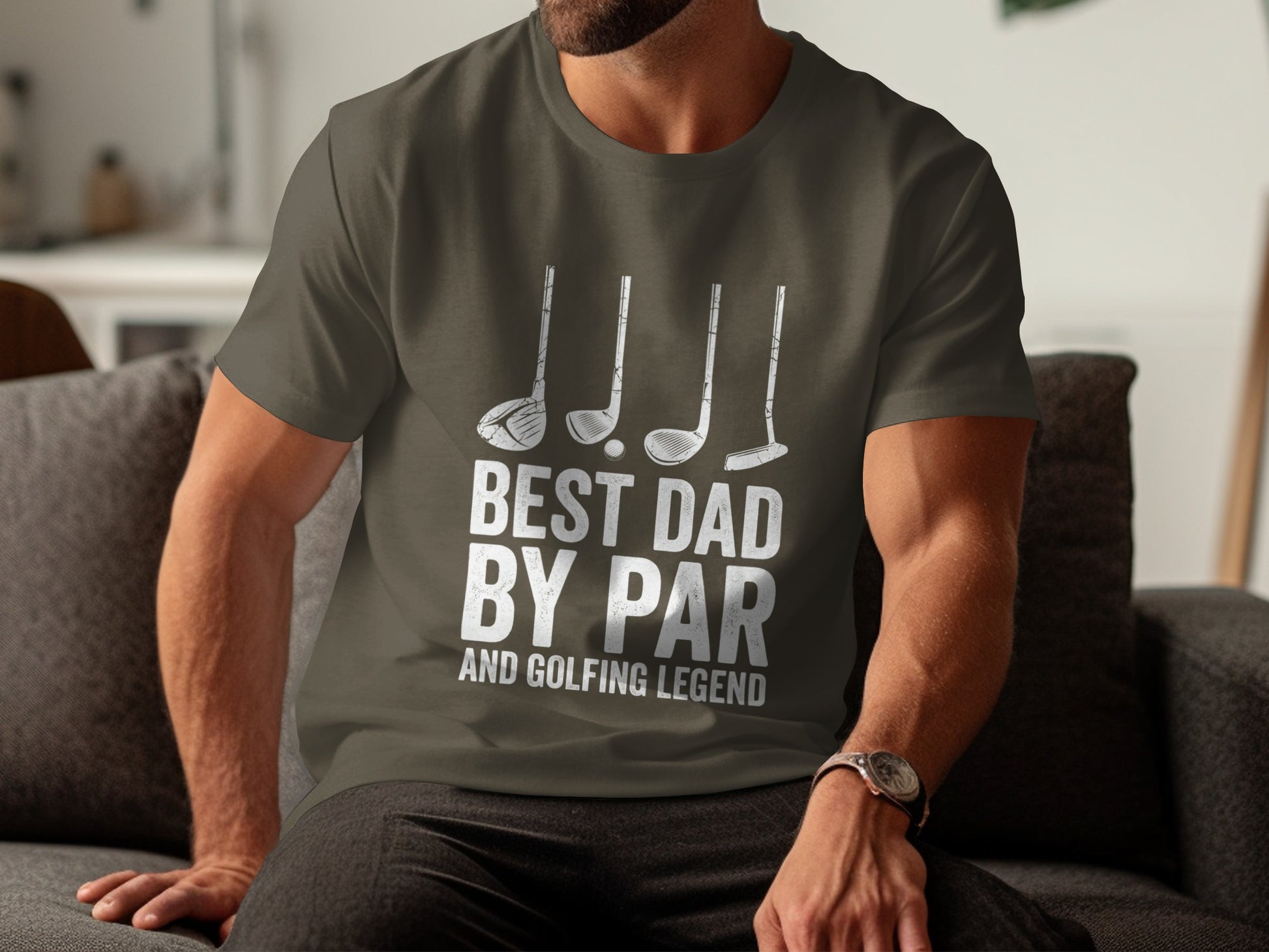 T-shirt with golf clubs and text "BEST DAD BY PAR AND GOLFING LEGEND".