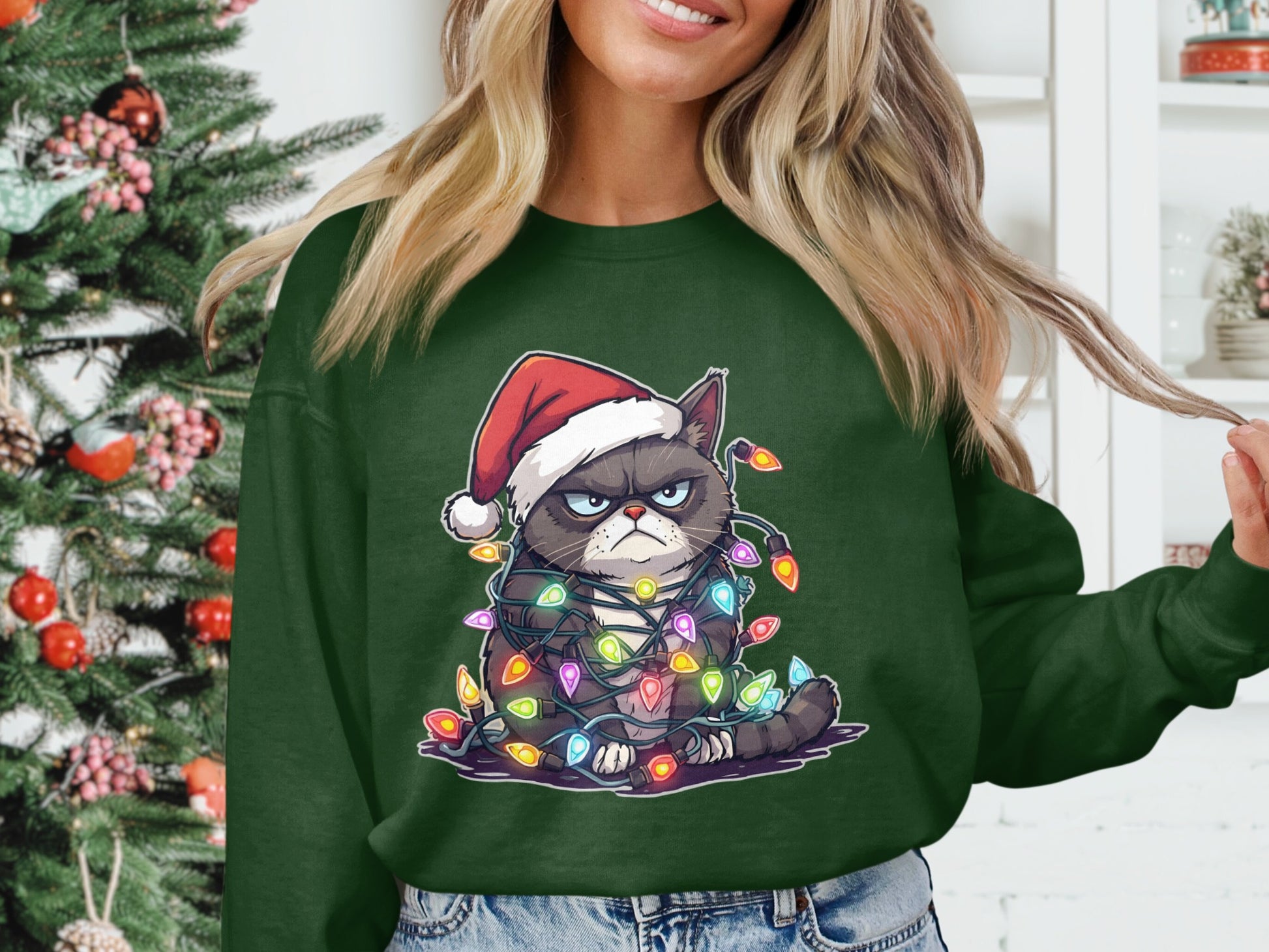 Grumpy Cat Wrapped in Christmas Lights Shirt