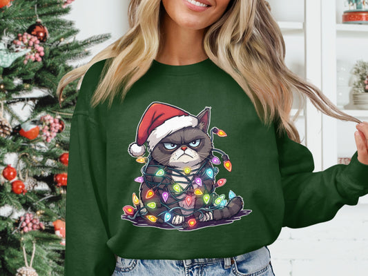 Grumpy Cat Wrapped in Christmas Lights Shirt