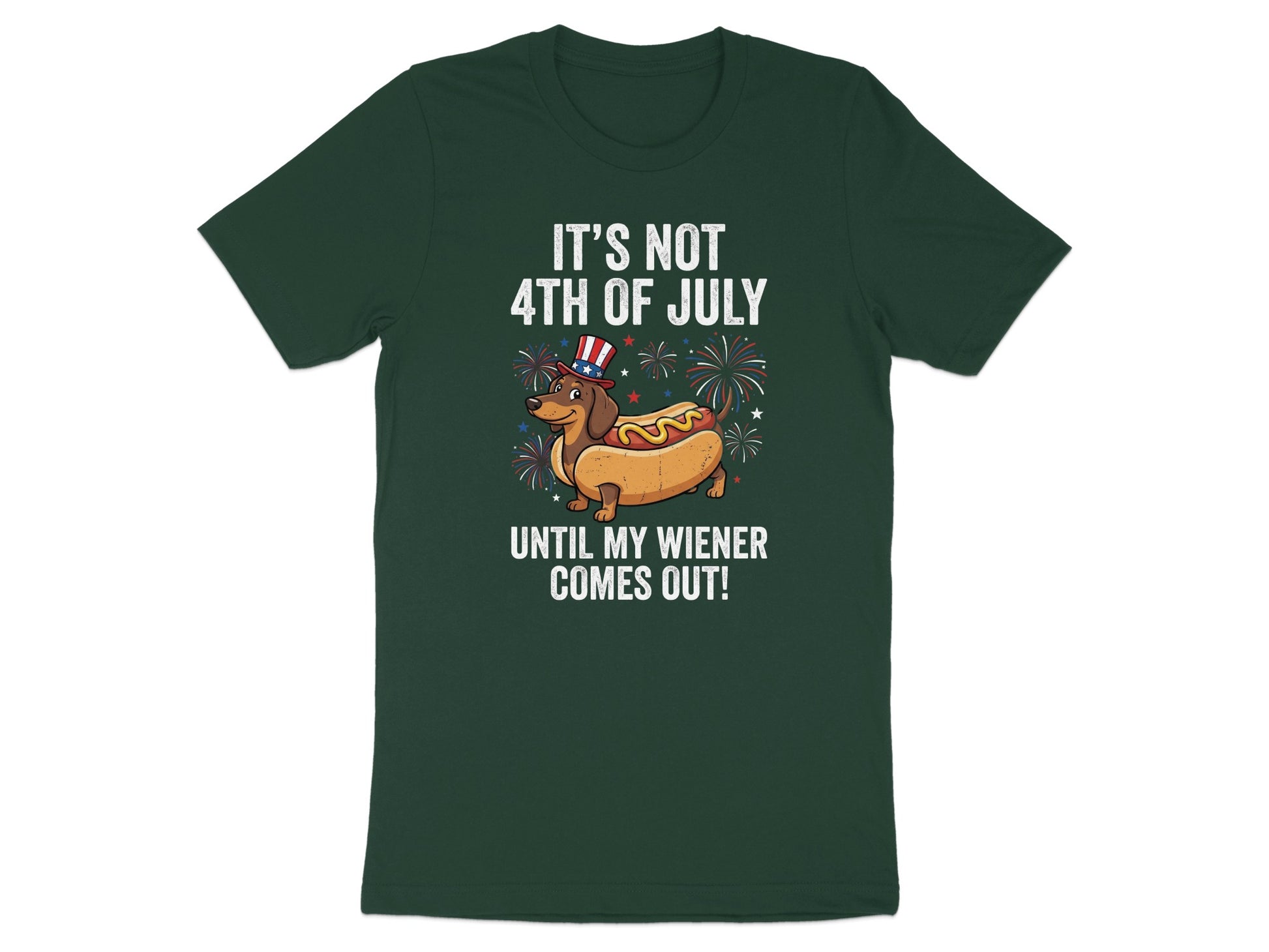 Dark green t-shirt with patriotic hot dog illustration and text.
