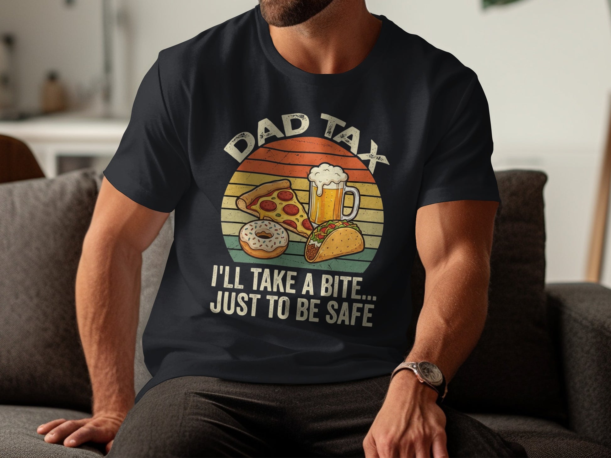 Dad tax text on dark t-shirt with pizza, donut, taco, and beer graphic.