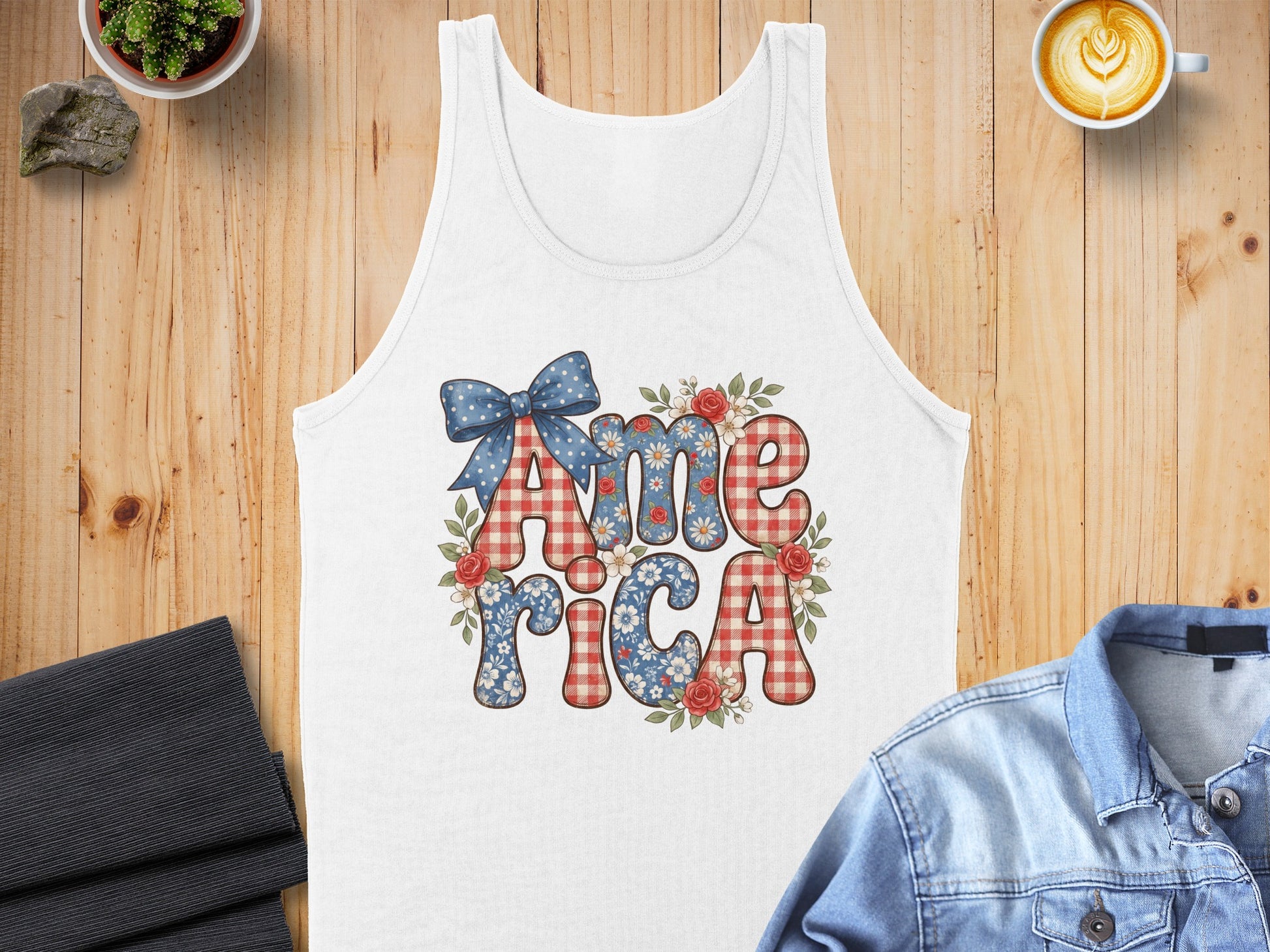 White tank top with red, white, and blue "America" graphic and floral accents.