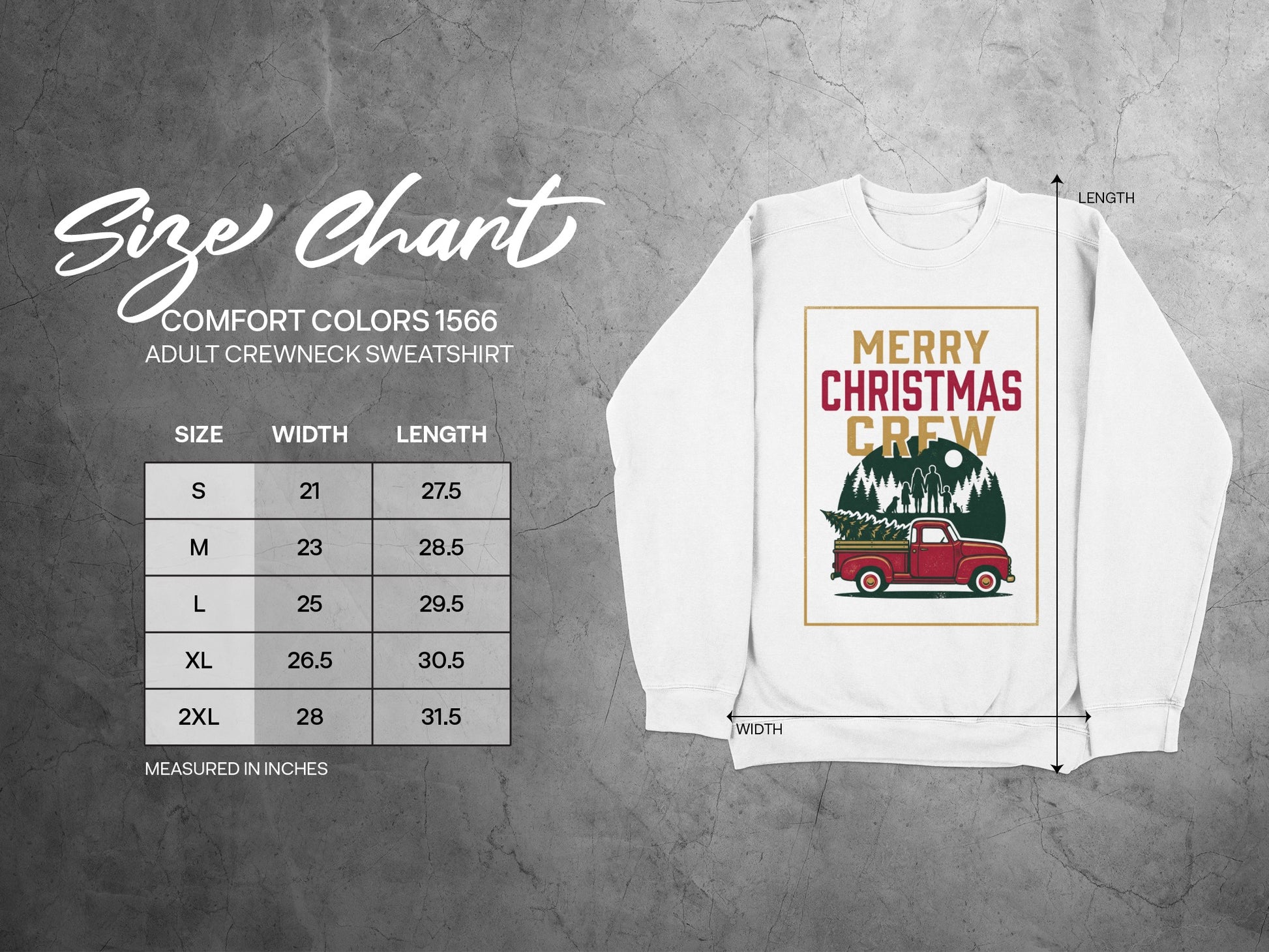 Size chart for Comfort Colors 1566 adult crewneck sweatshirt with widths and lengths.