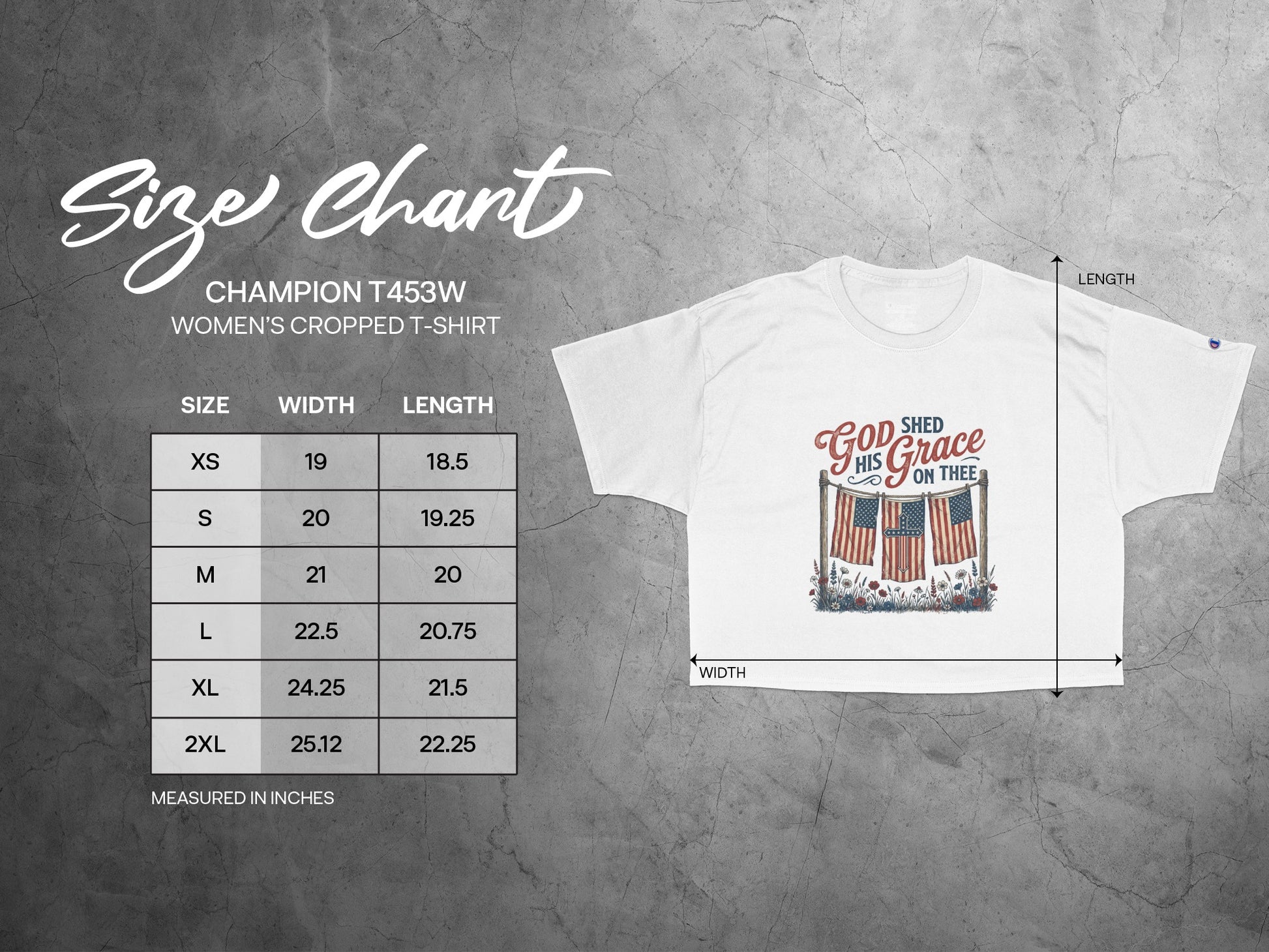 Champion women's cropped t-shirt size chart with width and length measurements in inches.