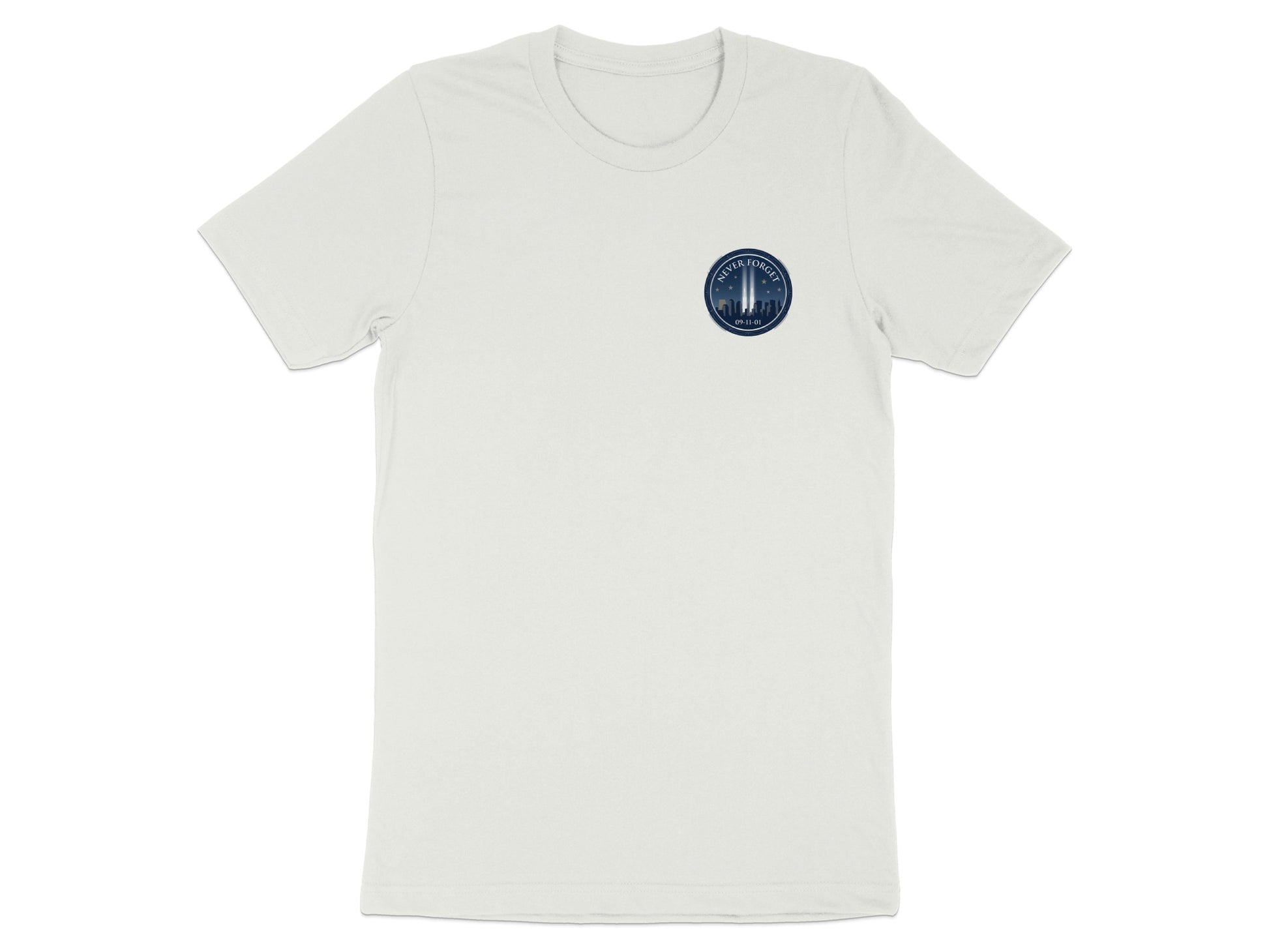White t-shirt with a circular emblem featuring the Twin Towers and "Never Forget 09-11-01".