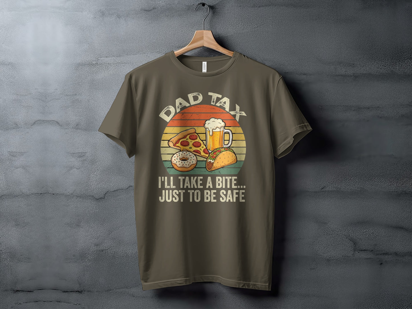 T-shirt with "Dad Tax" and food icons, featuring taco and beer.