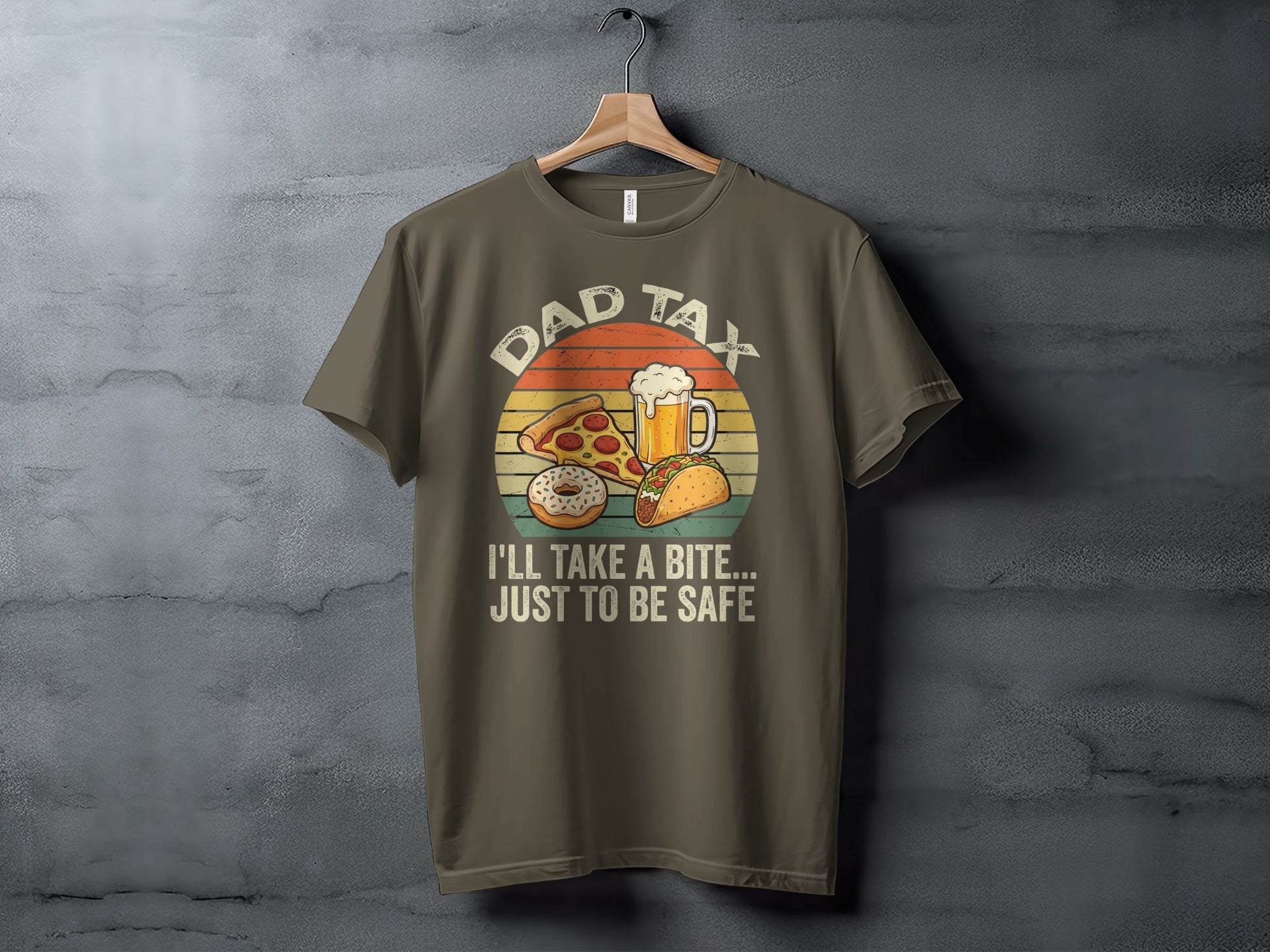 T-shirt with "Dad Tax" and food icons, featuring taco and beer.